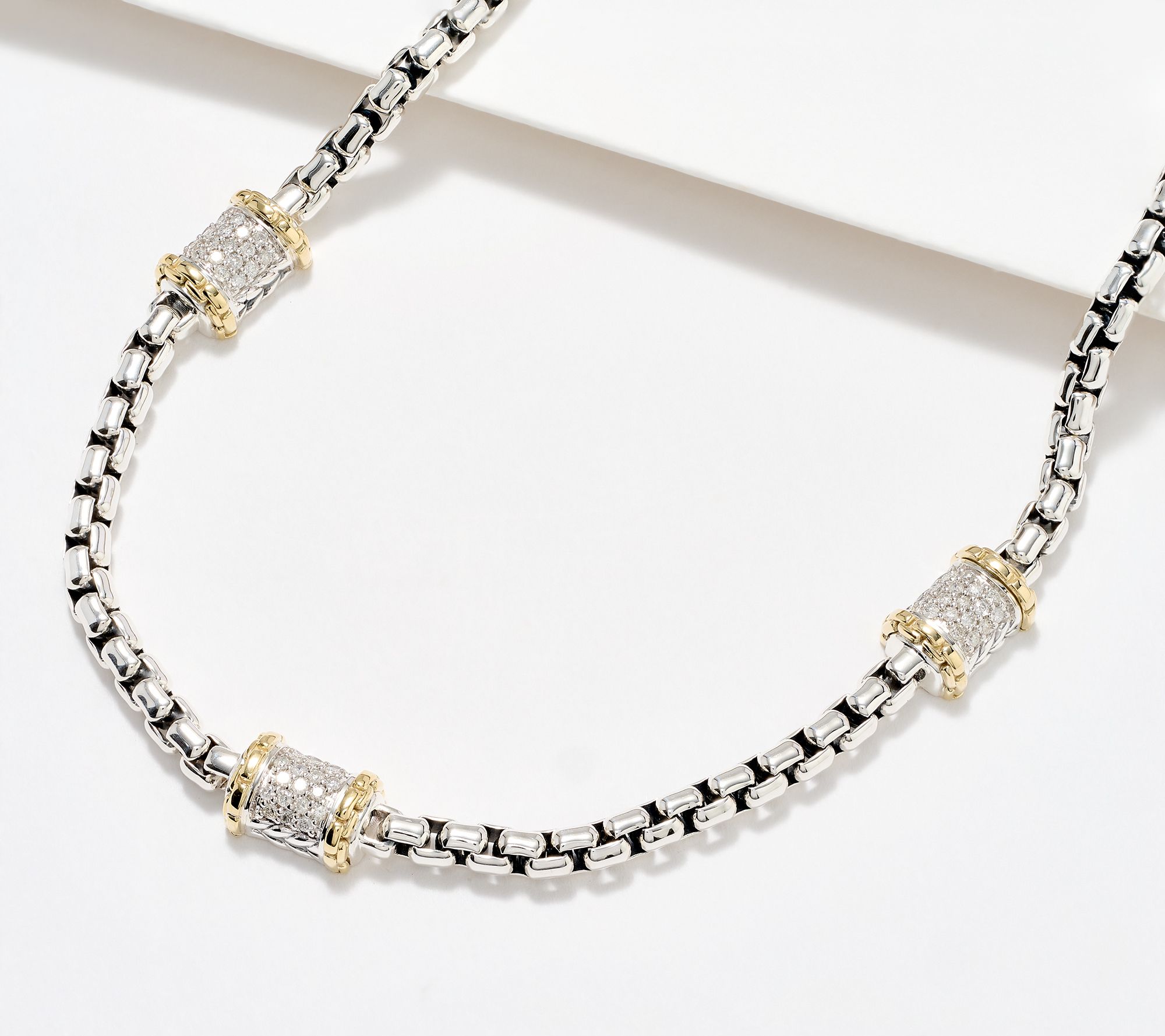 "As Is" JAI Sterling & 14K Gold Diamond Station Box Chain Necklace