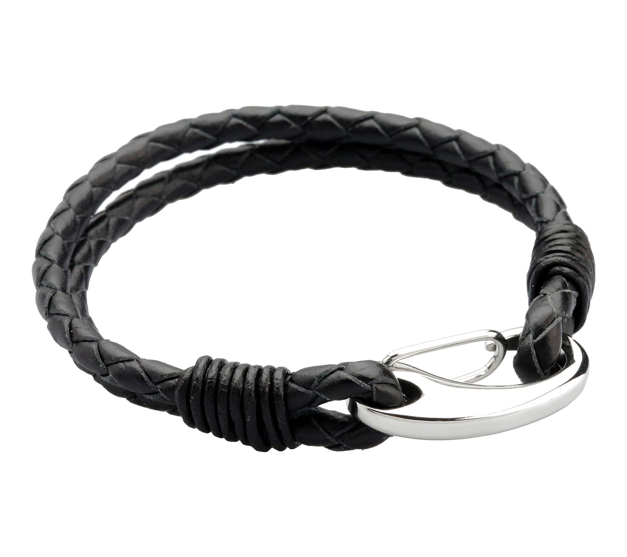 LYNX Men's Stainless Steel 2-Cord Braided BlackLeather Bracelet