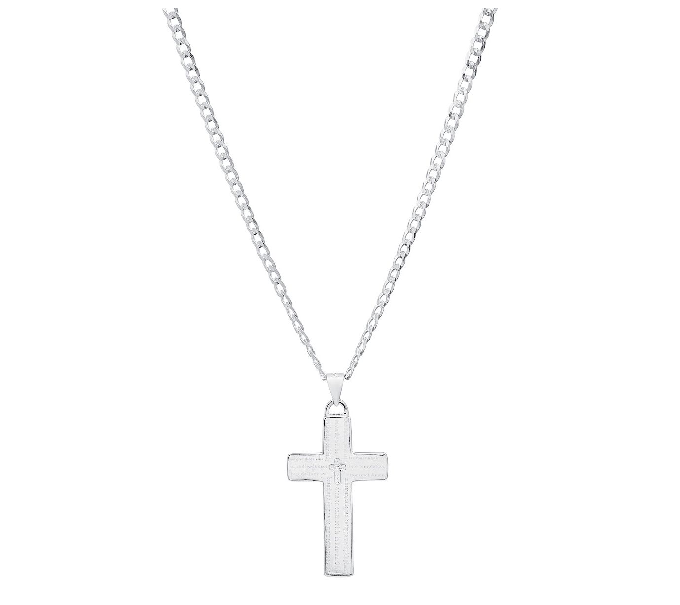 Silver Style Lord's Prayer Cross Pendant w/ Chain, Sterling