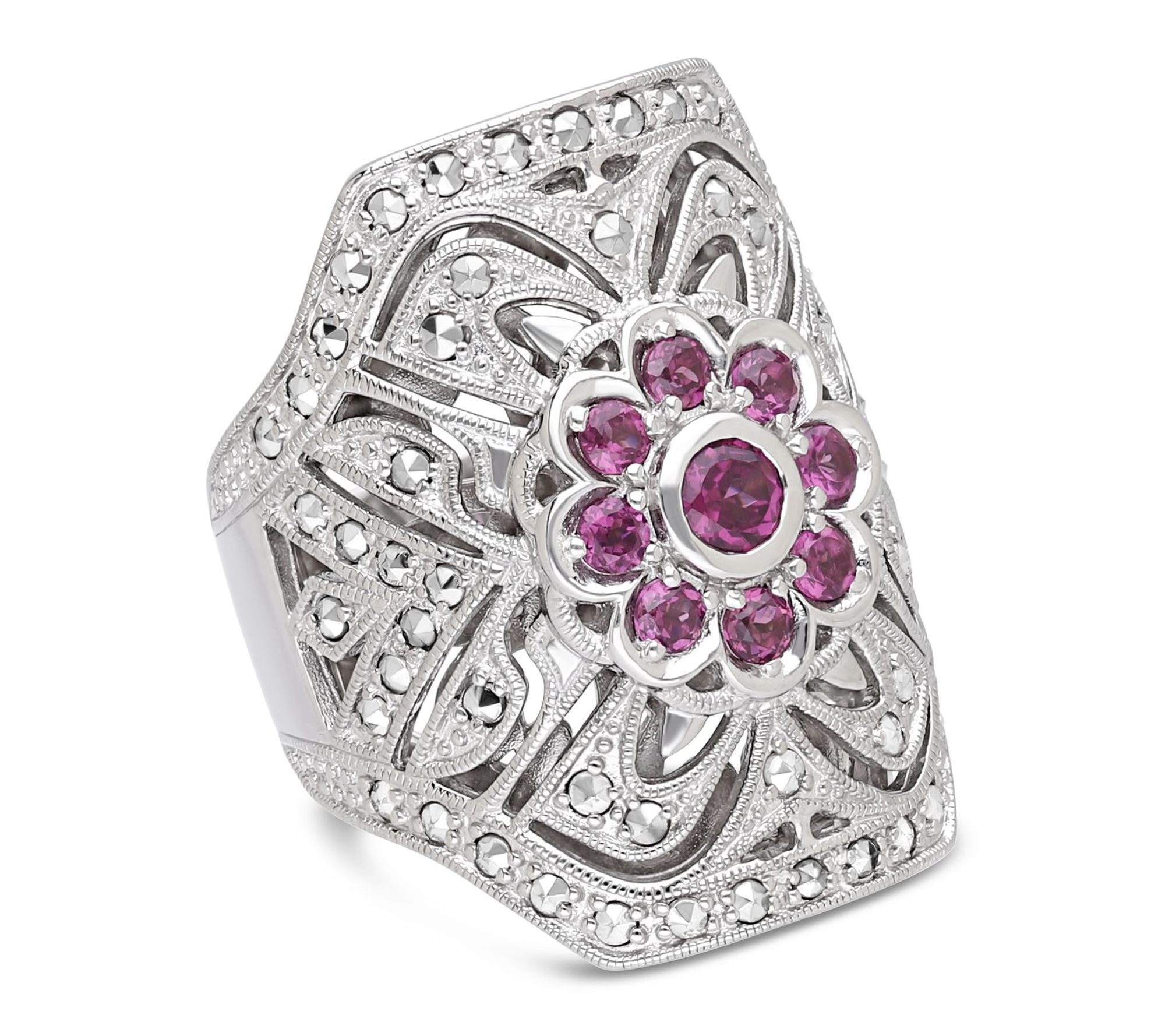 Dallas Prince Sterling Chrome Marcasite Rhodolite Floral Ring