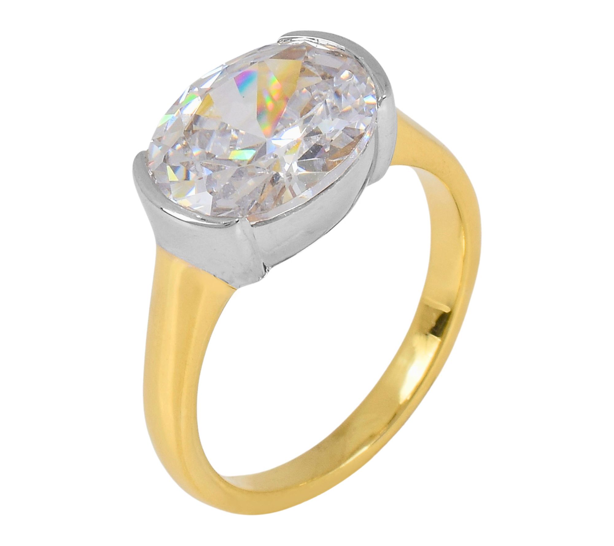 Diamonique Solitaire Two-Tone Ring, 14K Gold Plated