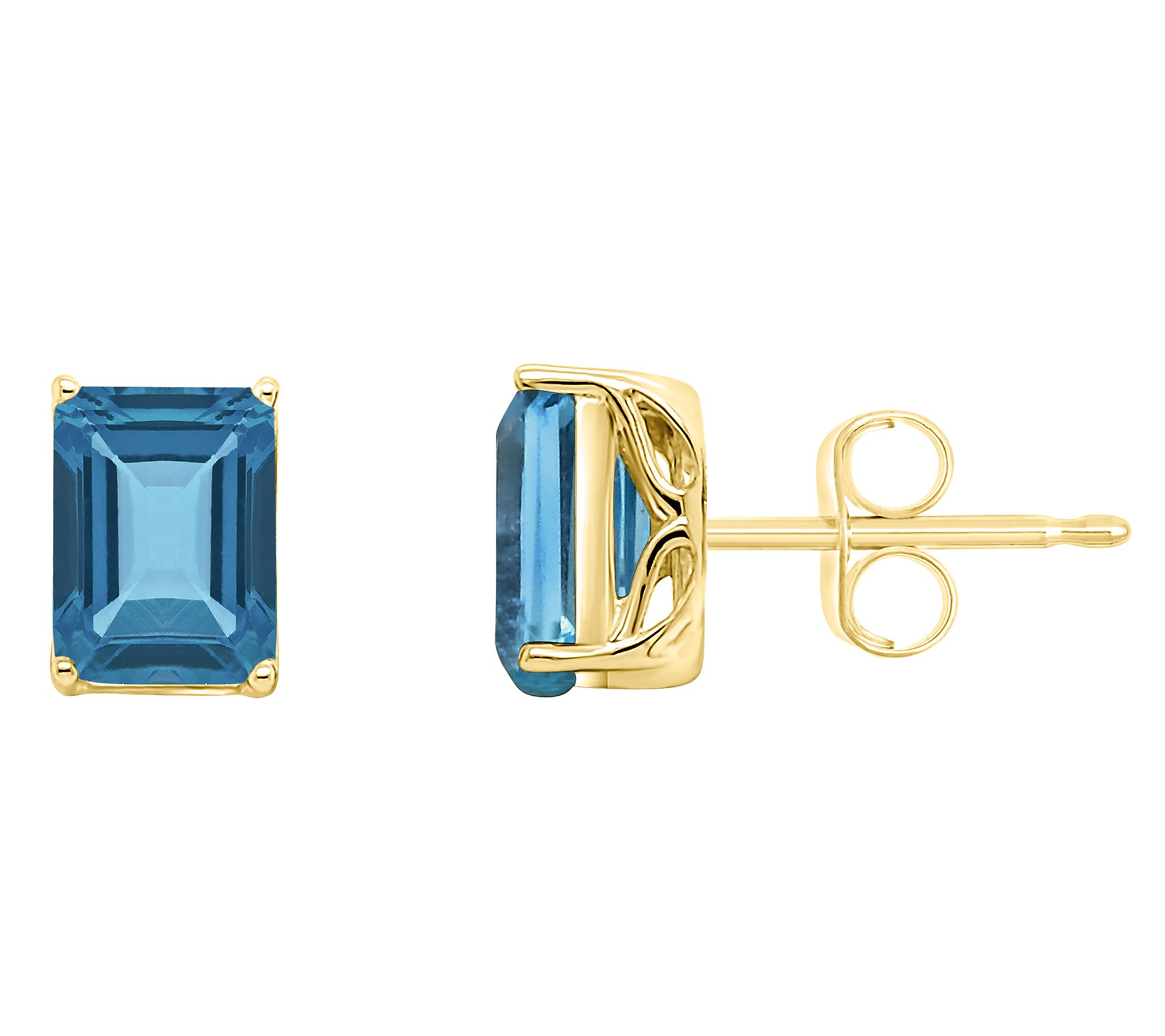 14K 8x6mm Emerald Cut London Blue Topaz Gemstone Stud Earring