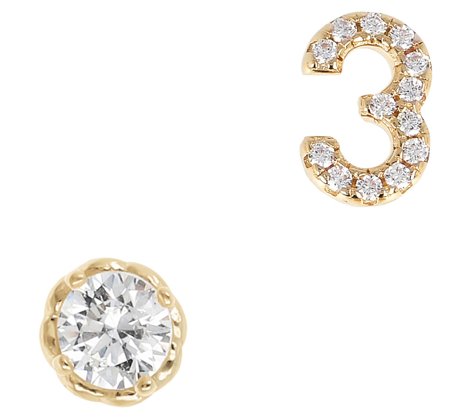 Diamonique Number & Round Stud Earring Set, 14K Gold Plated