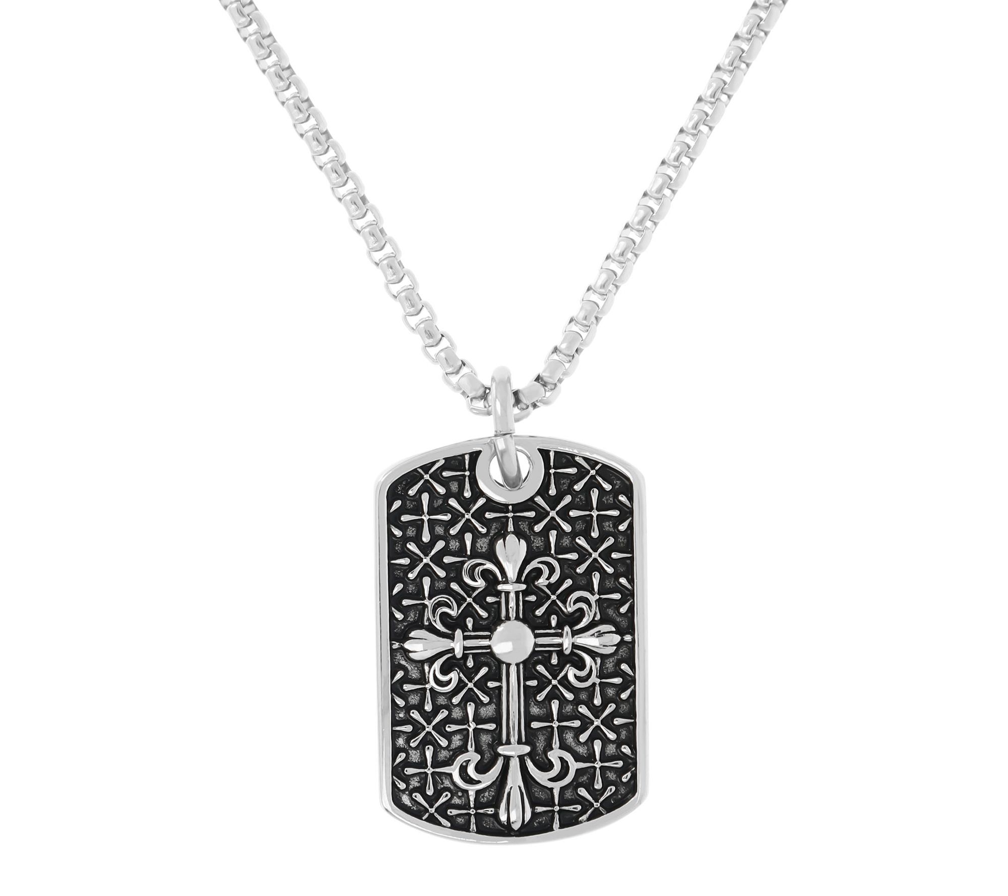 Mistero For Him Cross Dog Tag w/ Box Chain, Stainless Steel