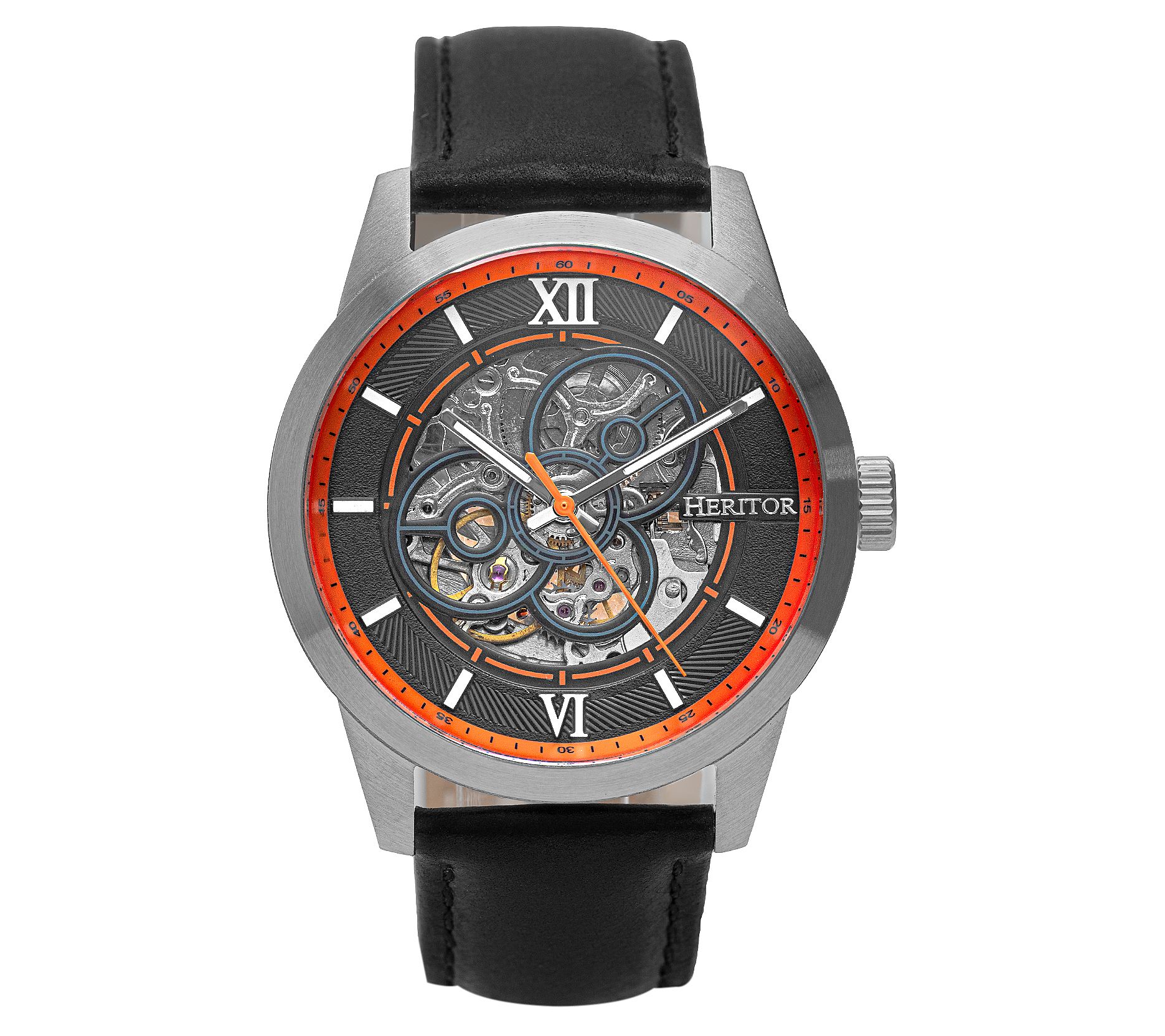 Heritor Men's J onas Stainless Automatic Leath er Skeleton Wat