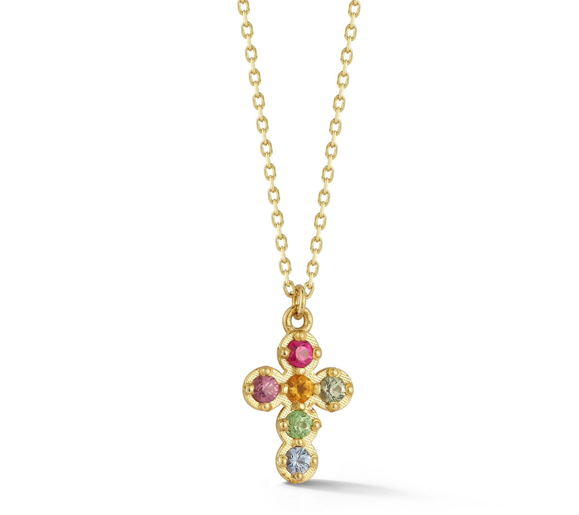 Luminosa Gold Multi-Gemstone Cross Pendant w/ Chain, 14K