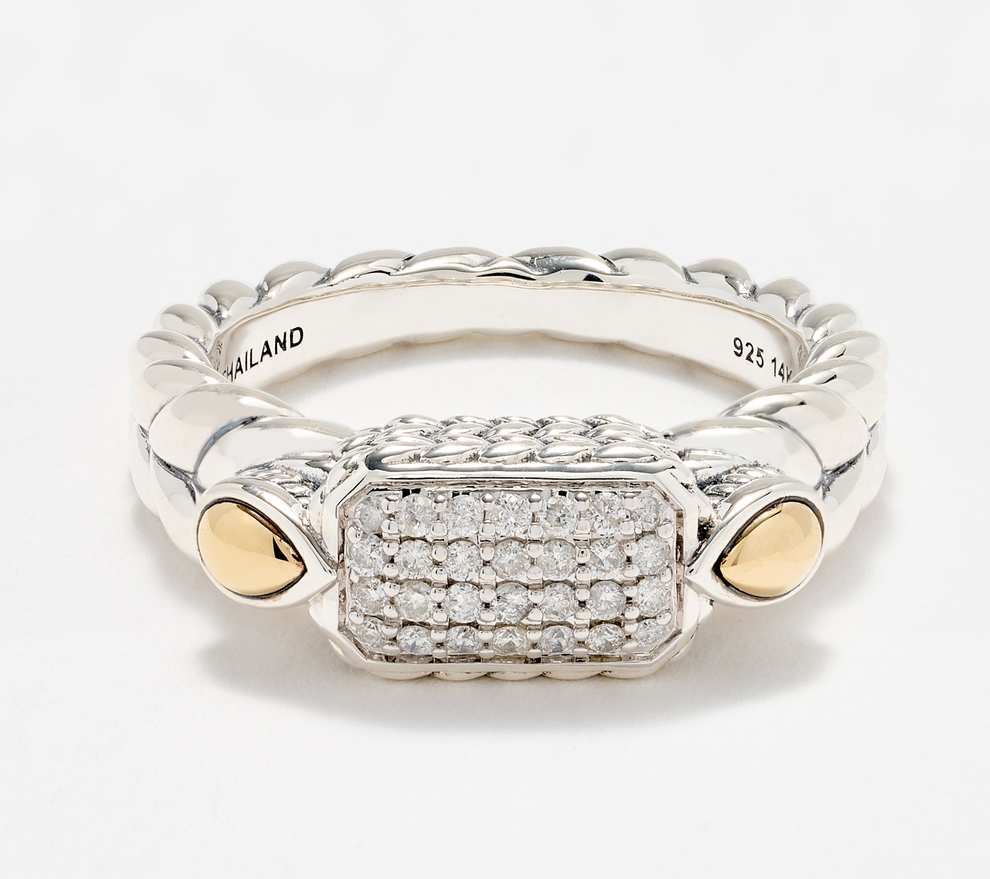 JAI Sterling & 14K Pave Diamond Basketweave Ring
