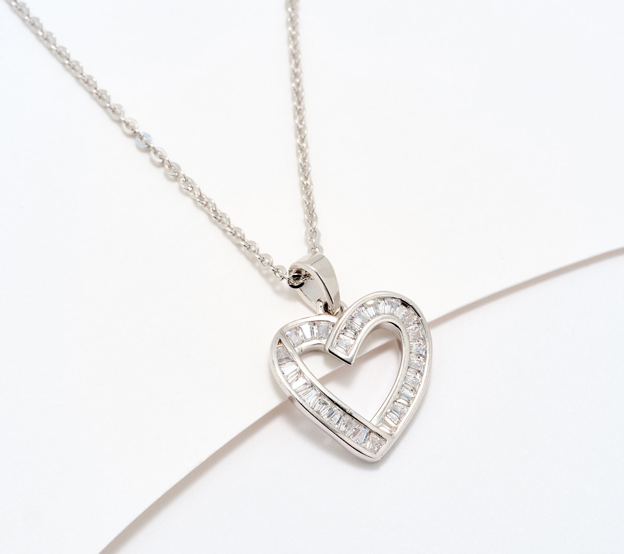 Diamonique Italia Baguette Heart Necklace, Sterling Silver