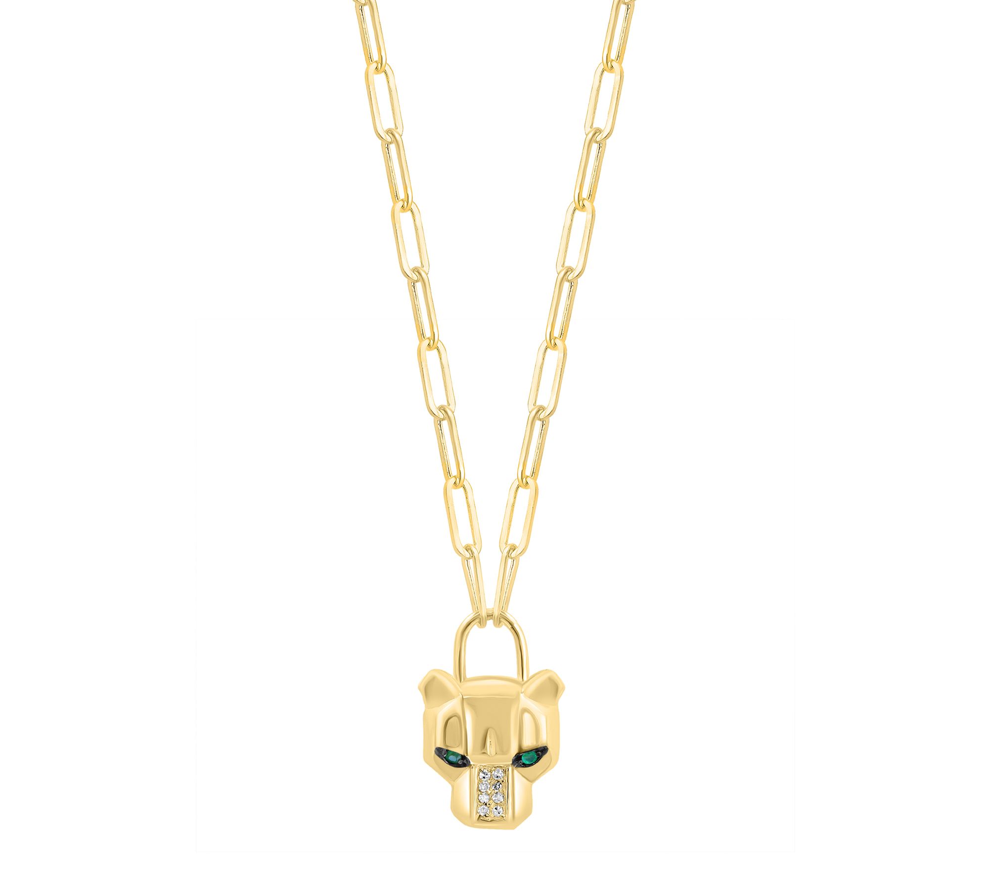 Effy Diamond & Emerald Panther Head Pendant w/ Chain, 14K Gold