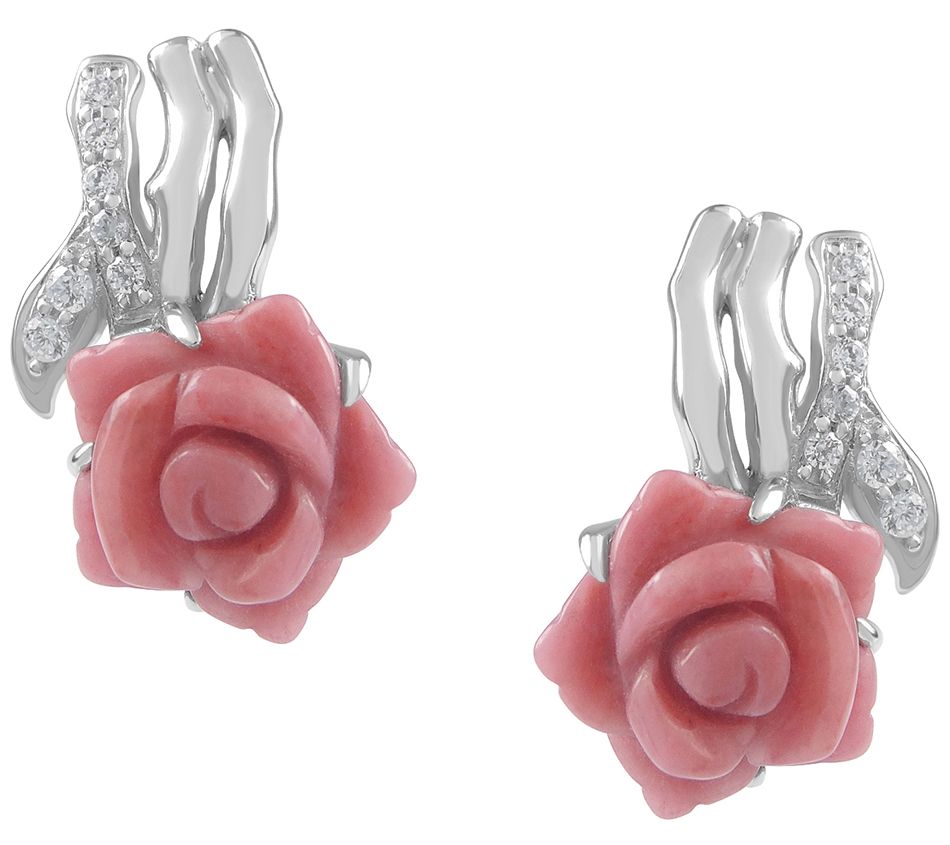 Sterling Silver Rhodonite & White Topaz Rose Earrings
