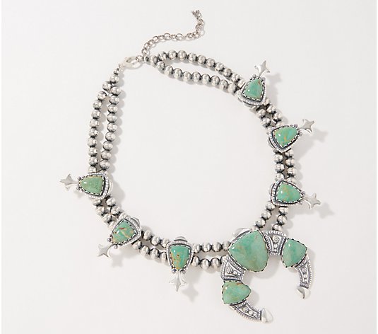American West Sterling Silver Green Turquoise Squash Blossom Necklace