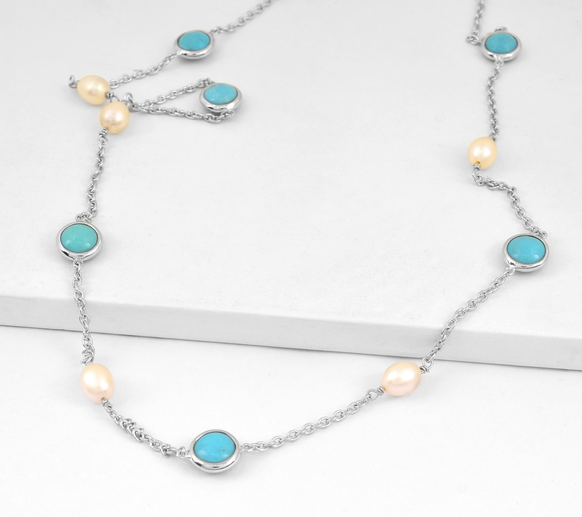 Sterling Silver Turquoise & Cultured Pearl Station Necklace
