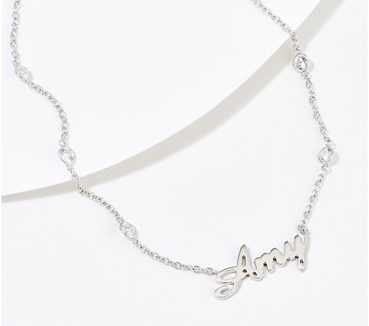 Diamonique Bezel Set Chain Nameplate Necklace, Sterling Silver