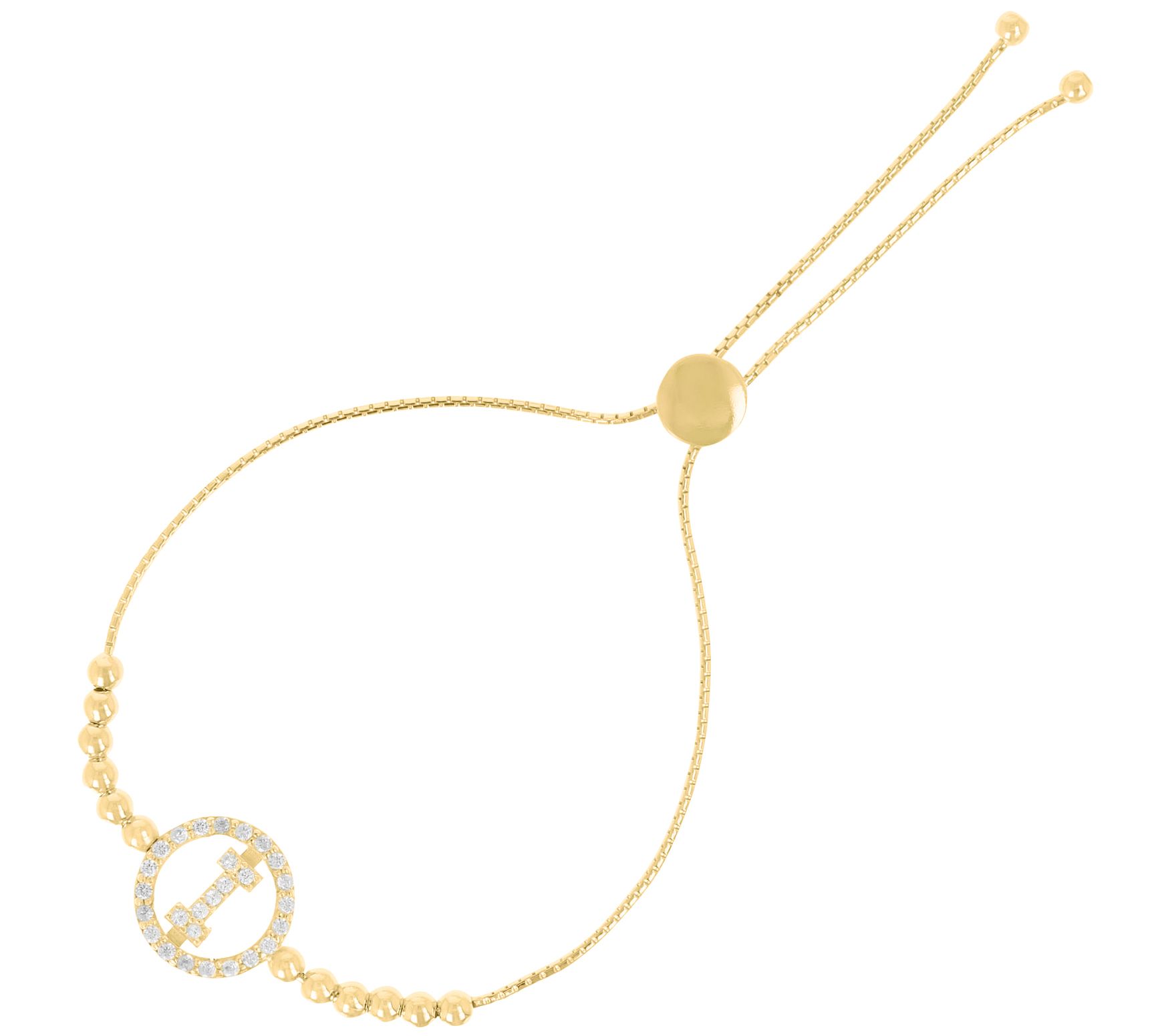 Diamonique Initial Adjustable Bracelet, 14K Gold Plated