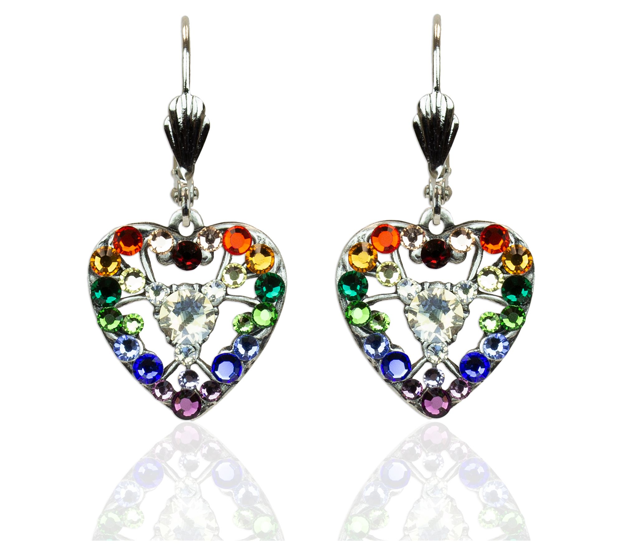 Anne Koplik Rai nbow Crystal  F iligree Heart D angle Earrings