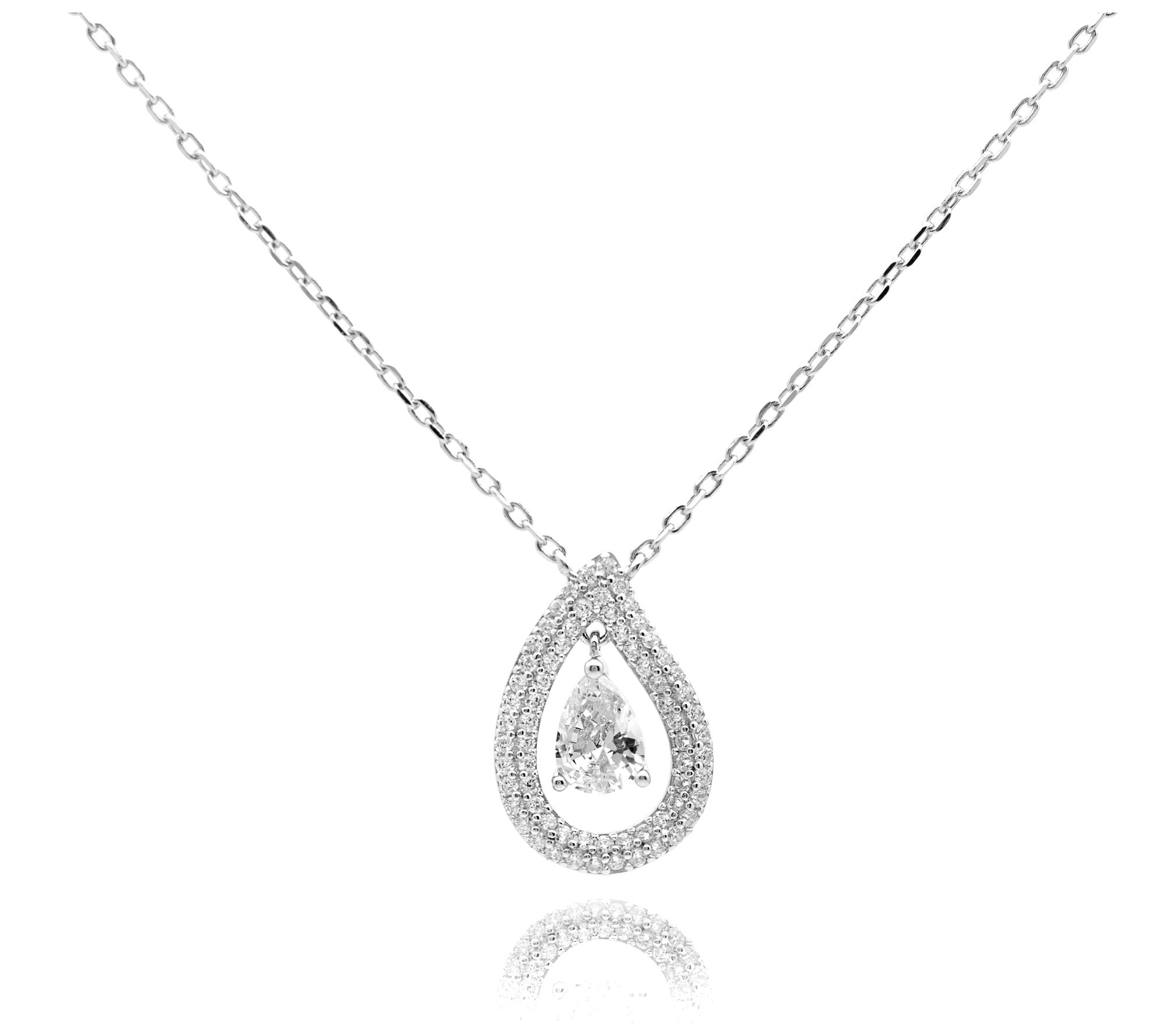 Diamonique Drop Charm Pendant w/ Chain, Sterling Silver
