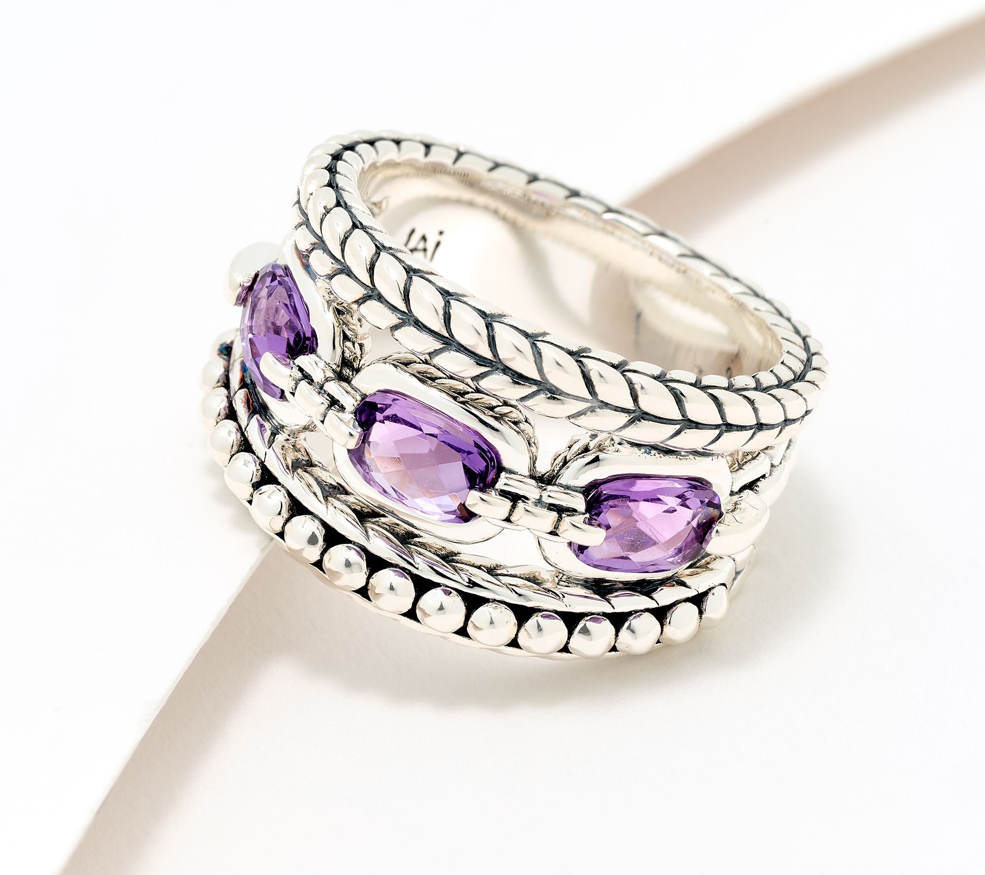 JAI Sterling Silver Oval Gemstone Triple Band Ring