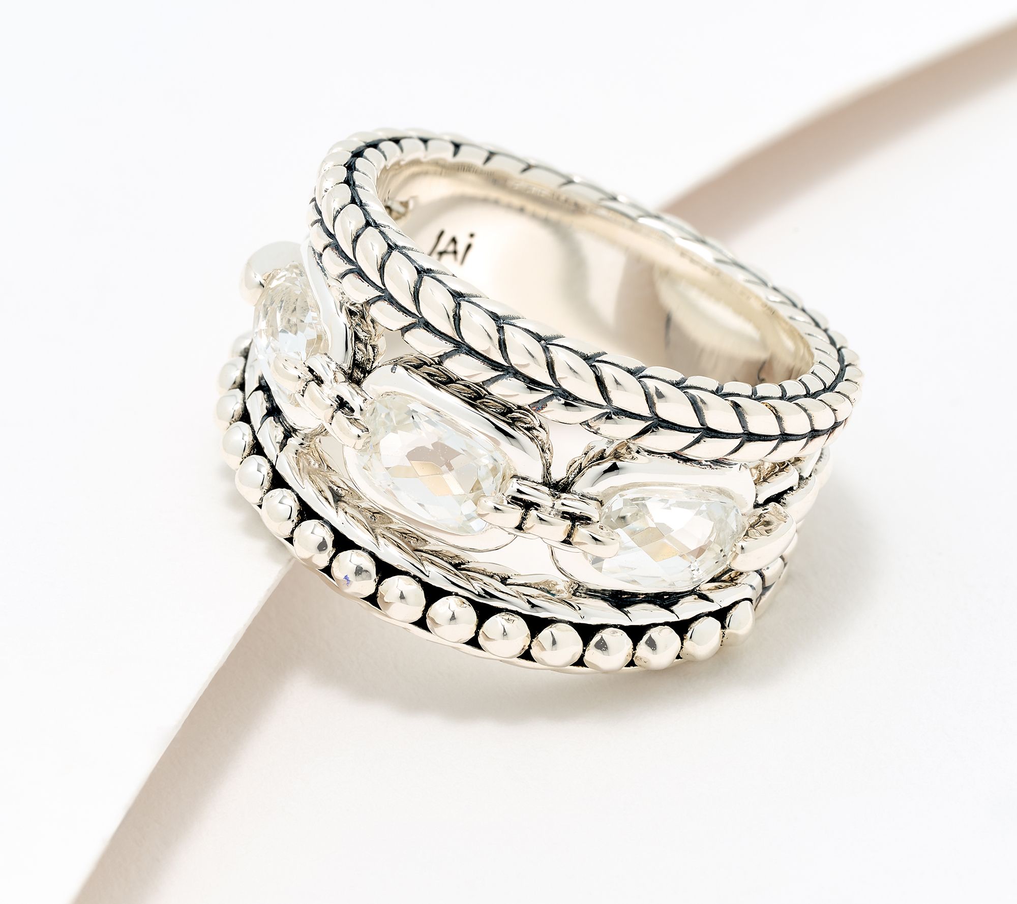 JAI Sterling Silver Oval Gemstone Triple Band Ring