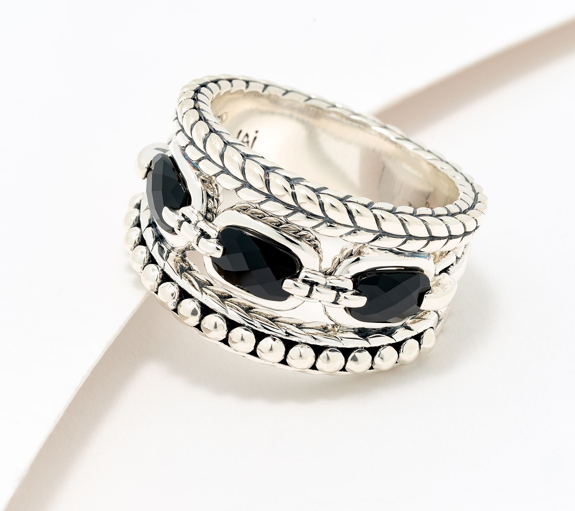 JAI Sterling Silver Oval Gemstone Triple Band Ring