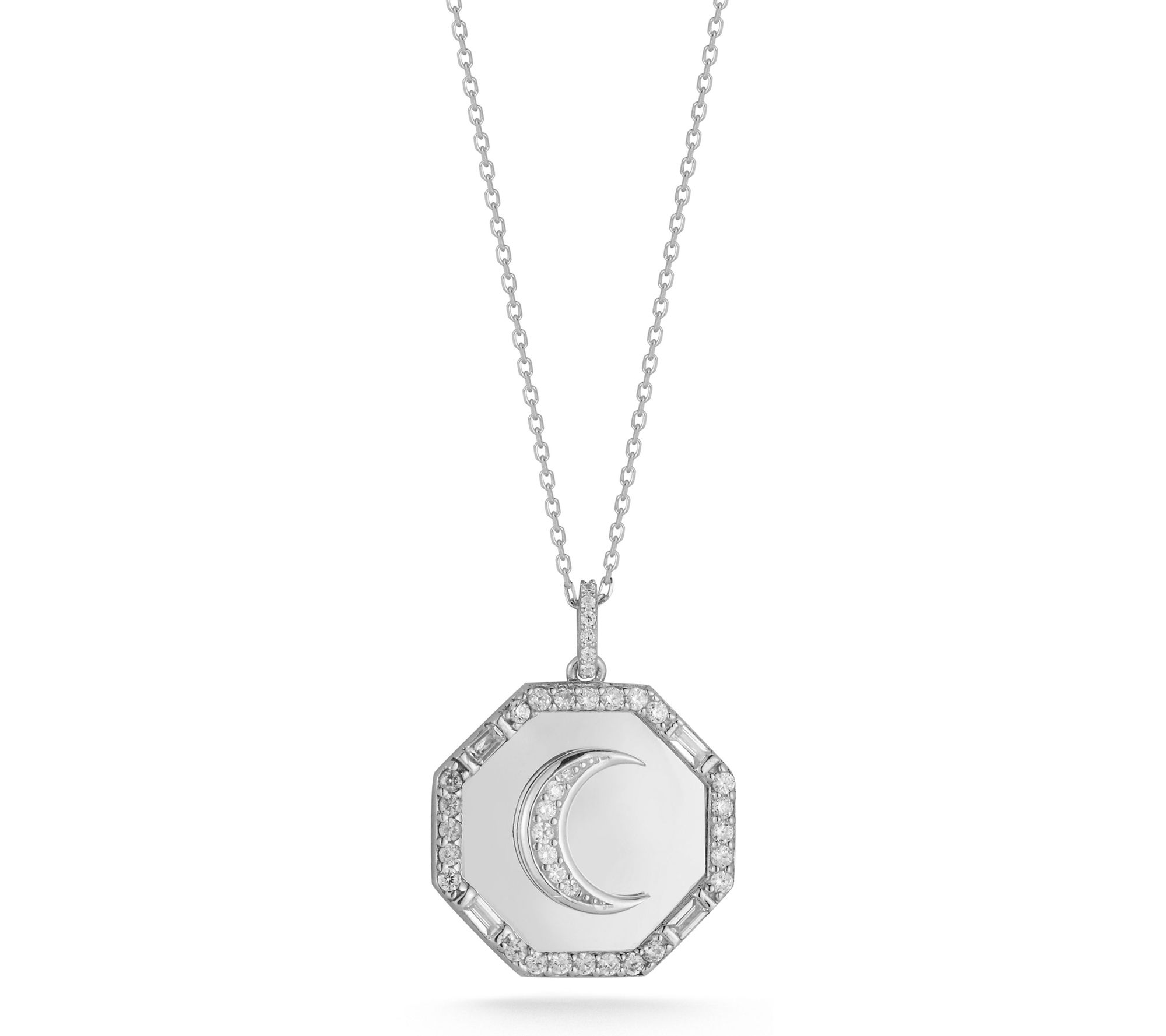 Sterlina Silver Pave Moon Octagon Pendant w/ Chain, Sterling