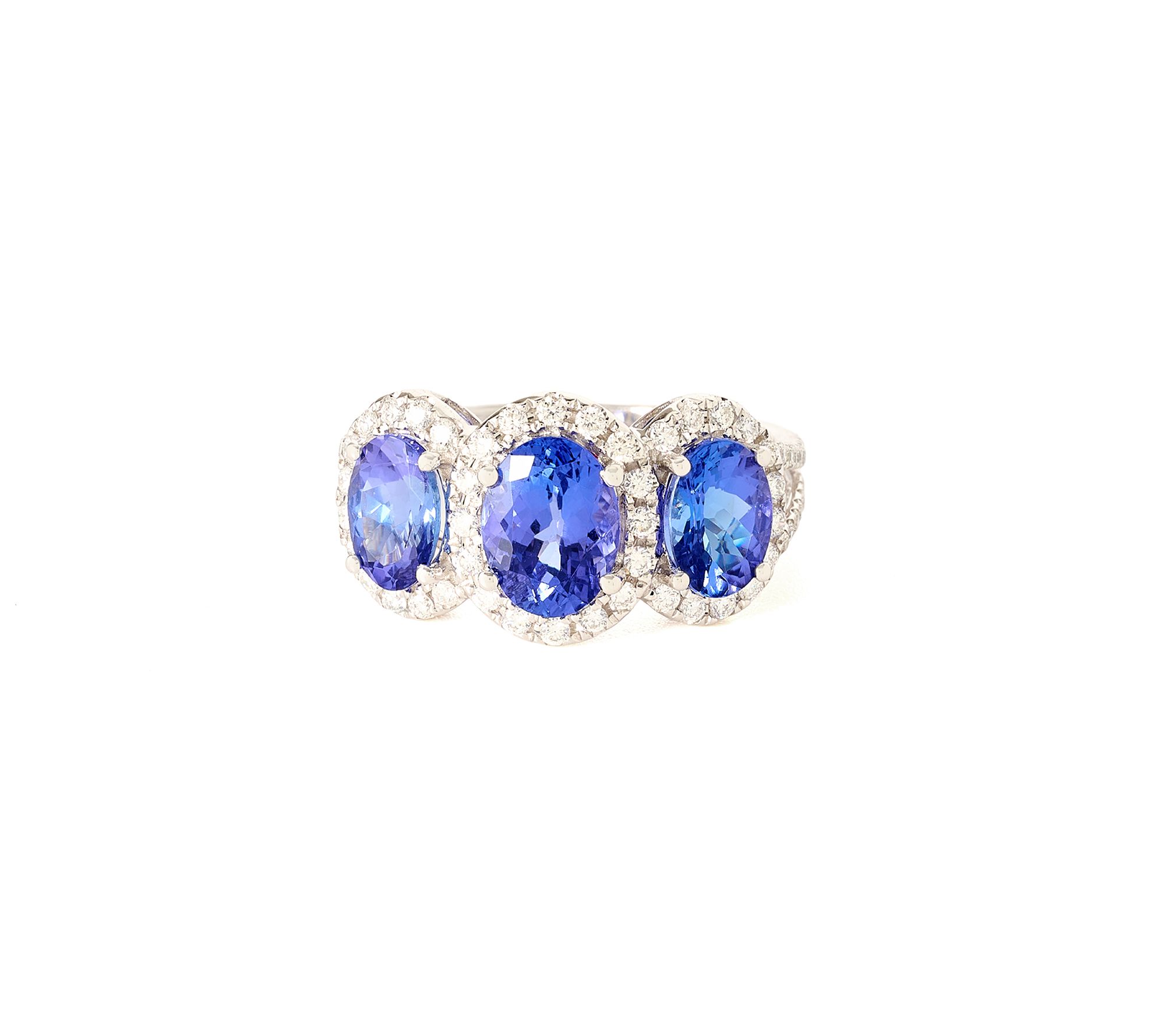 Pure Tanzanite by Jeff Moseley 3 Stone Halo Ring, 18K