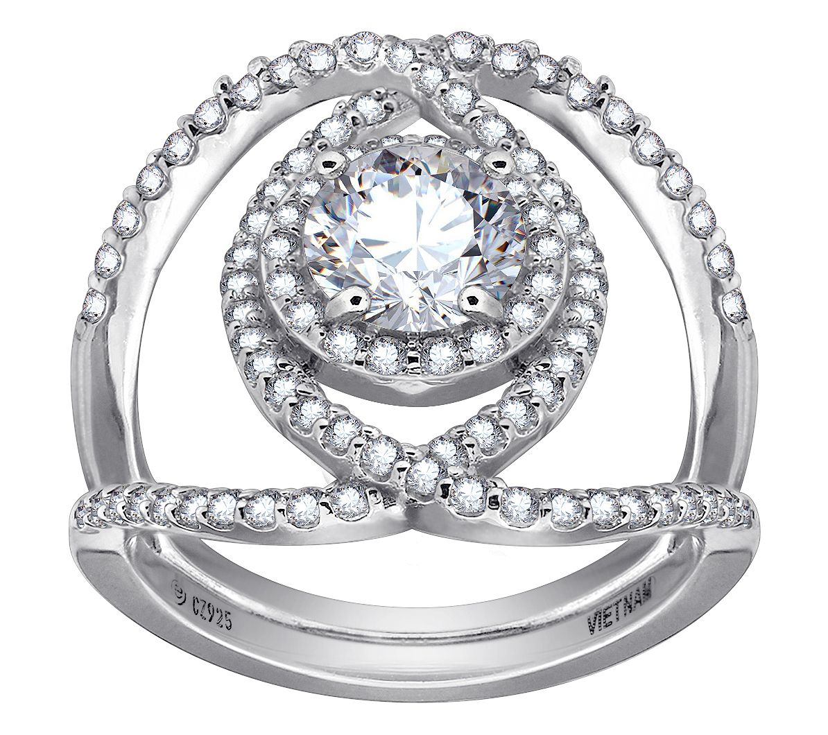 Diamonique Sterling Silver Round Halo CrossoverRing