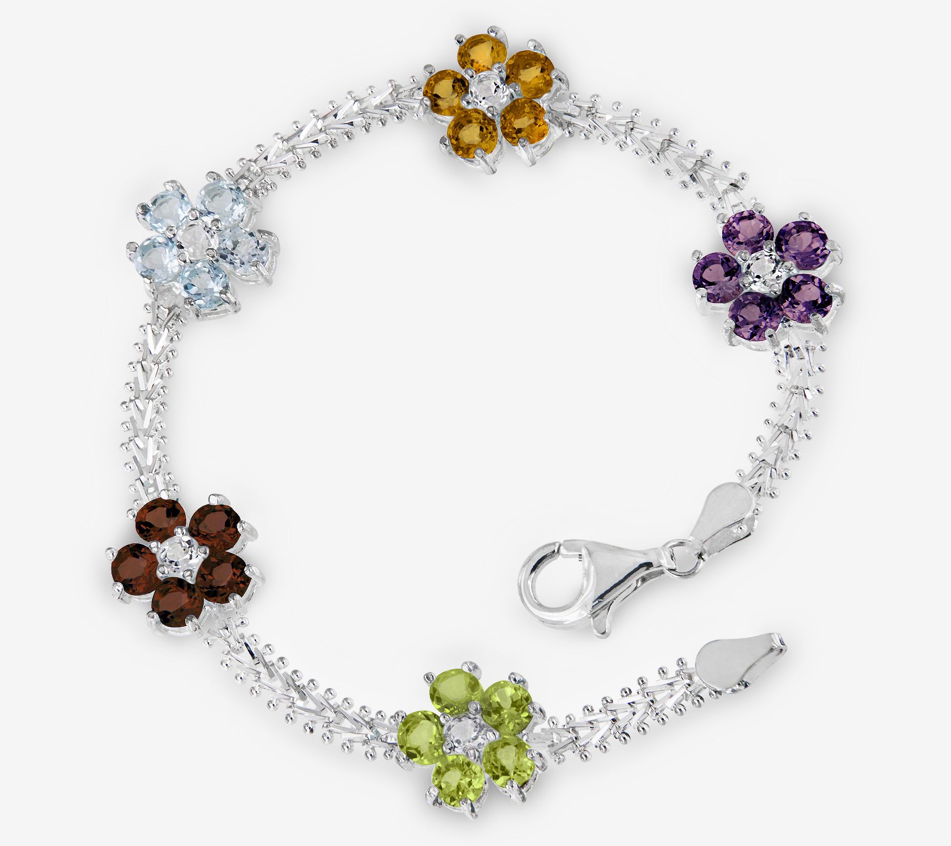 AFFY Multi Color Simulated Gemstones Flower with Bird Bangle Bracelets in Sterling Silver 