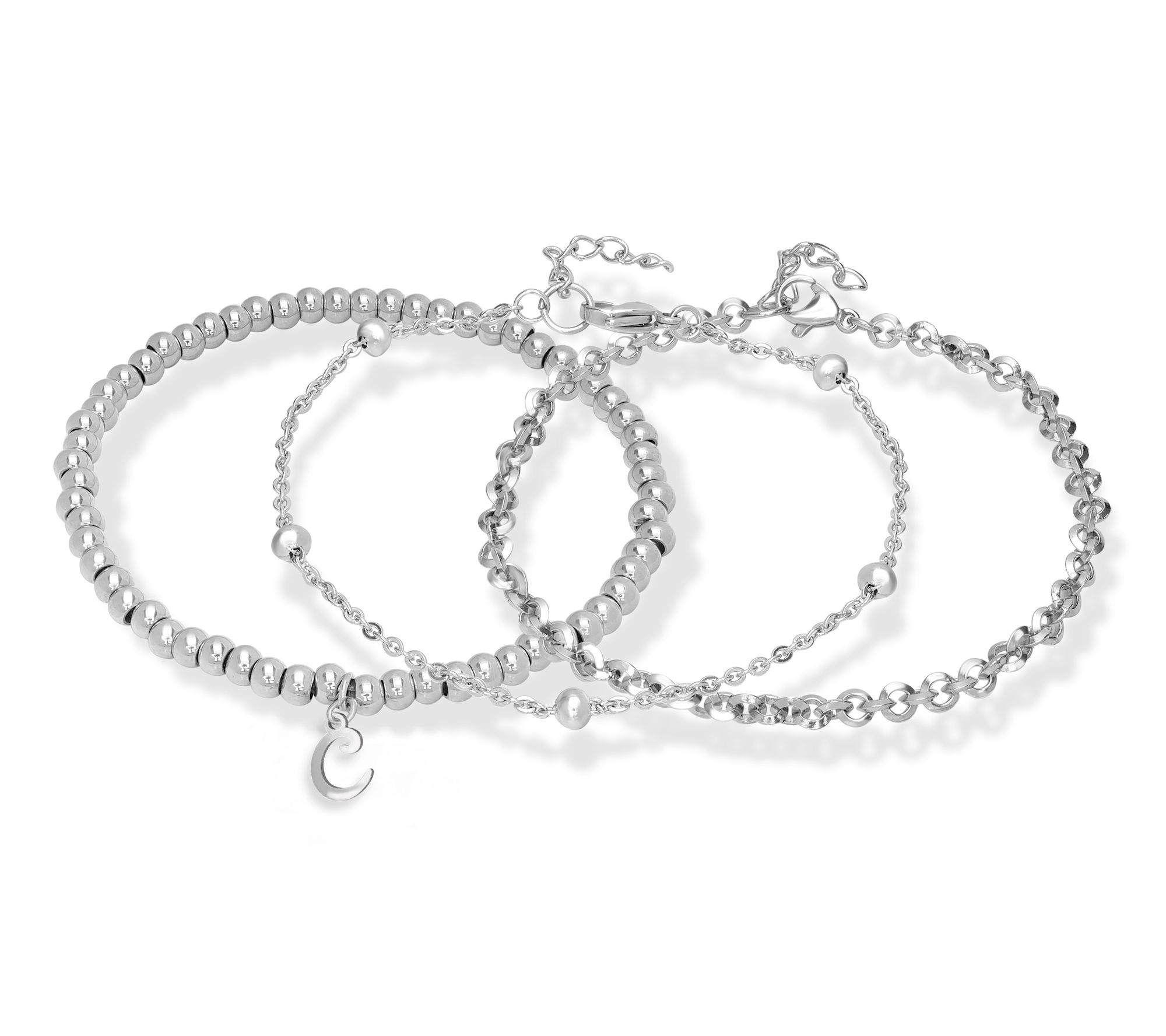 Steel by Design Set of 3 Beaded Initial Charm Bangles