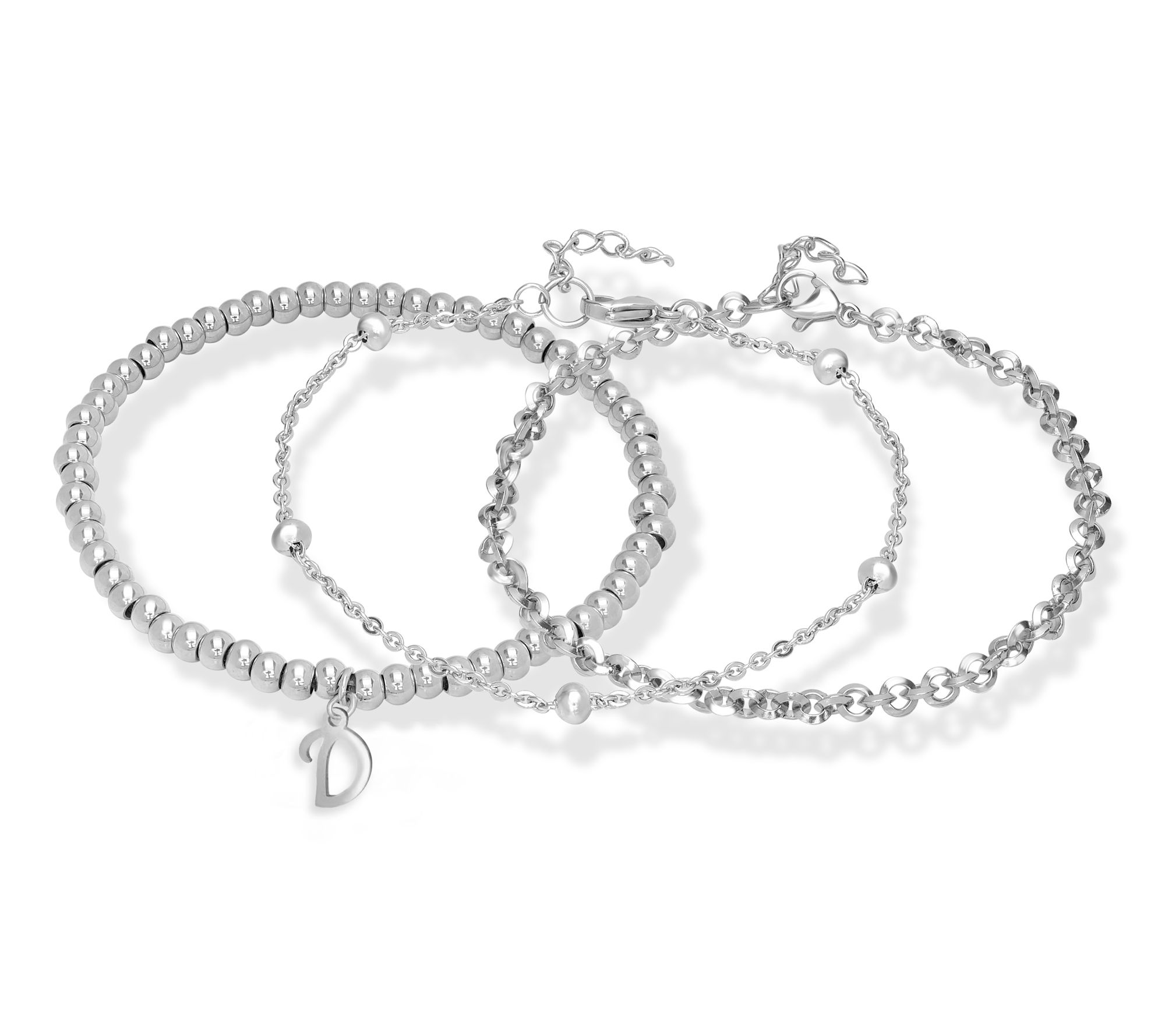 Steel by Design Set of 3 Beaded Initial Charm Bangles