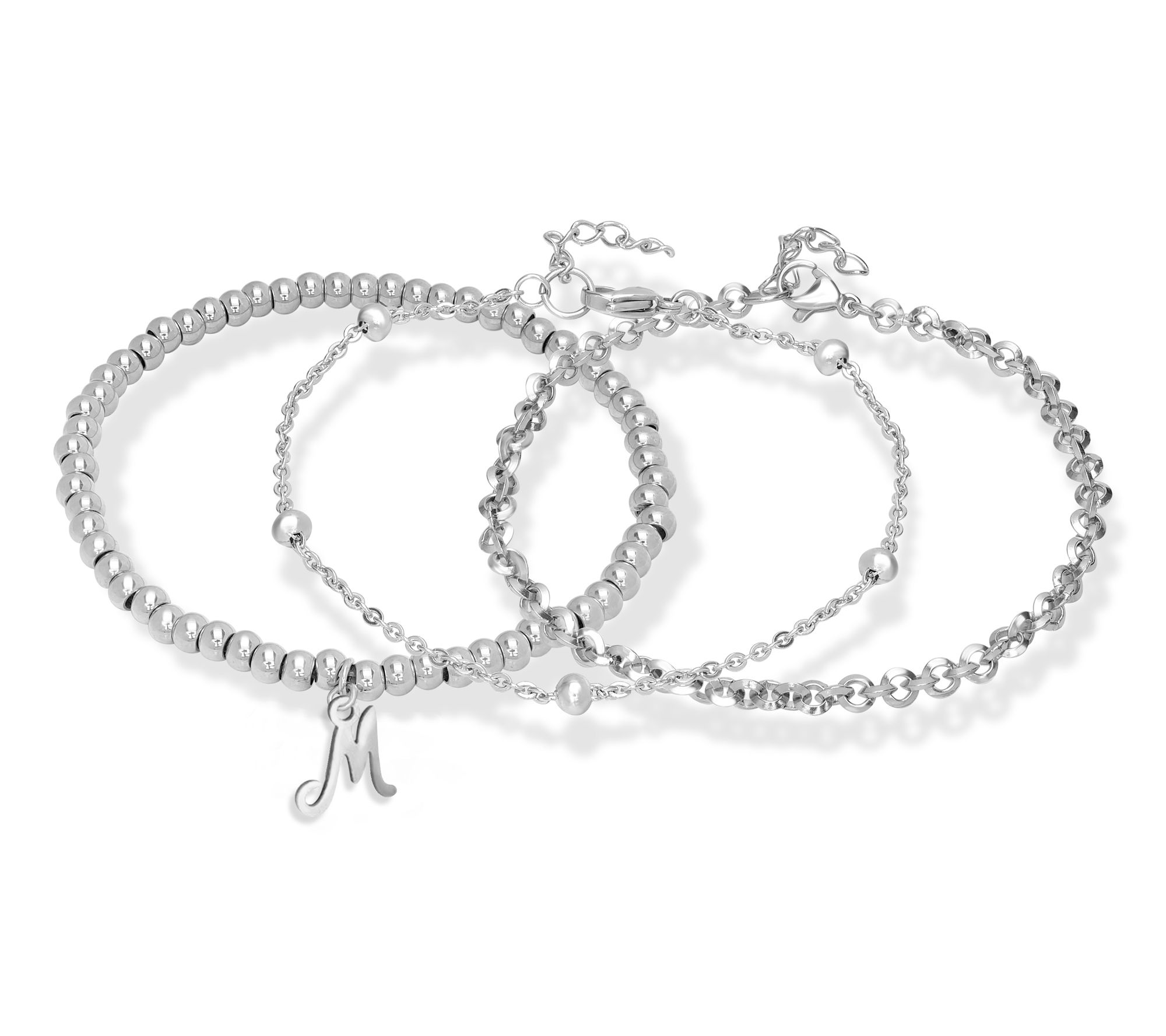 Steel by Design Set of 3 Beaded Initial Charm Bangles