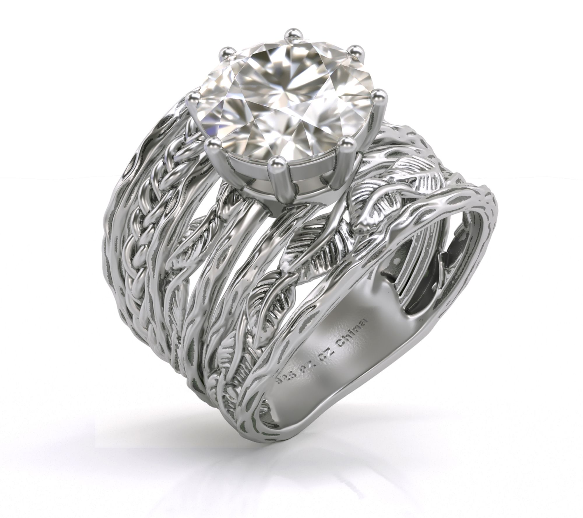 Diamonique Leaf & Braid Thick Band Ring, Sterling Silver