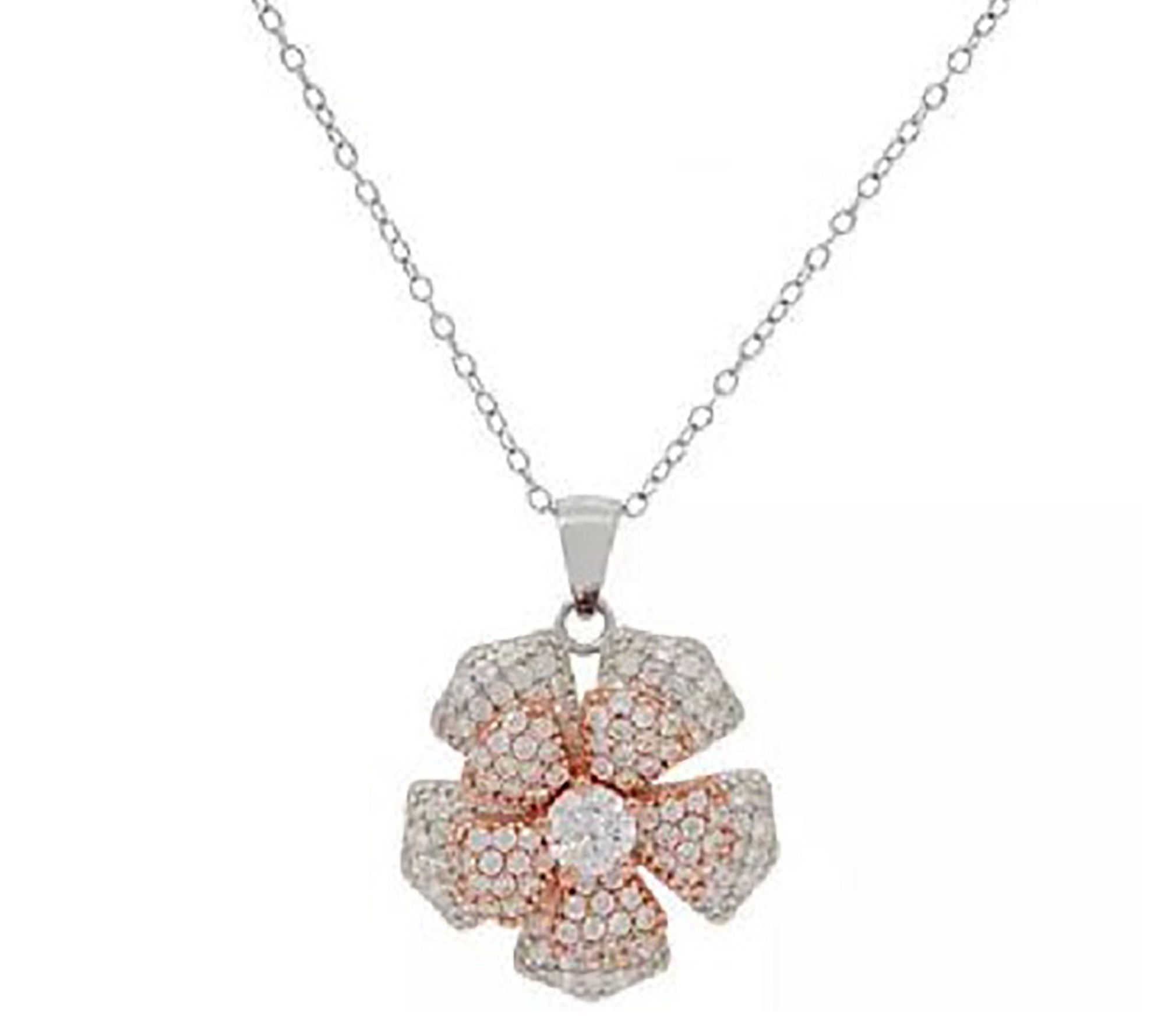 Diamonique Spinning Flower Pendant w/ Chain, Sterling Silver
