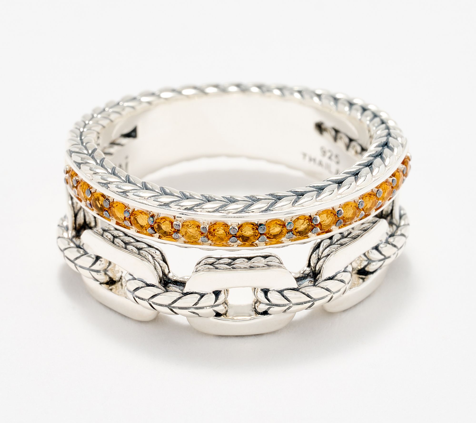 JAI Sterling Silver Gemstone Link Box Chain Double Ring