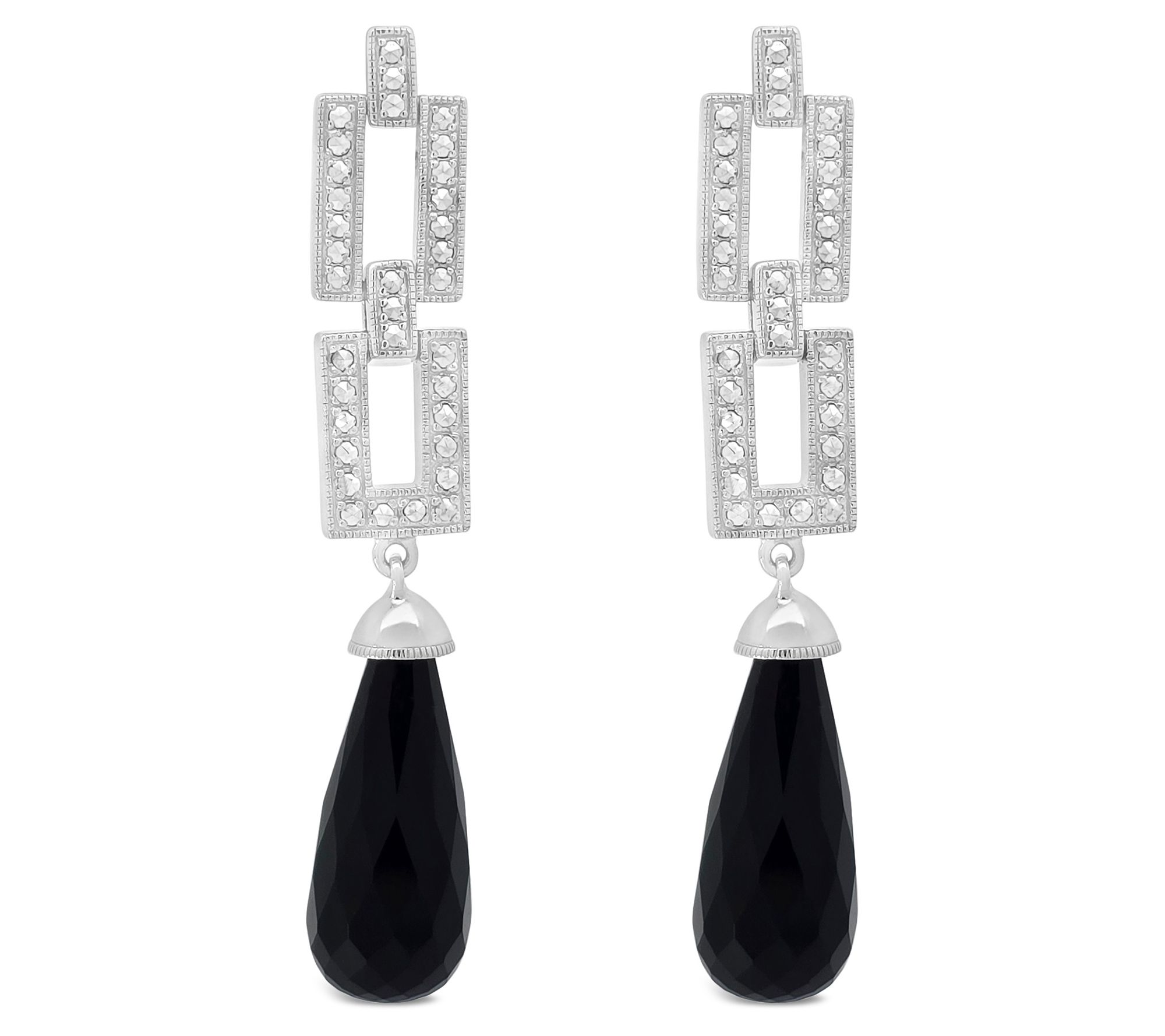 Dallas Prince Sterling Chrome Marcasite & OnyxDangle Earrings