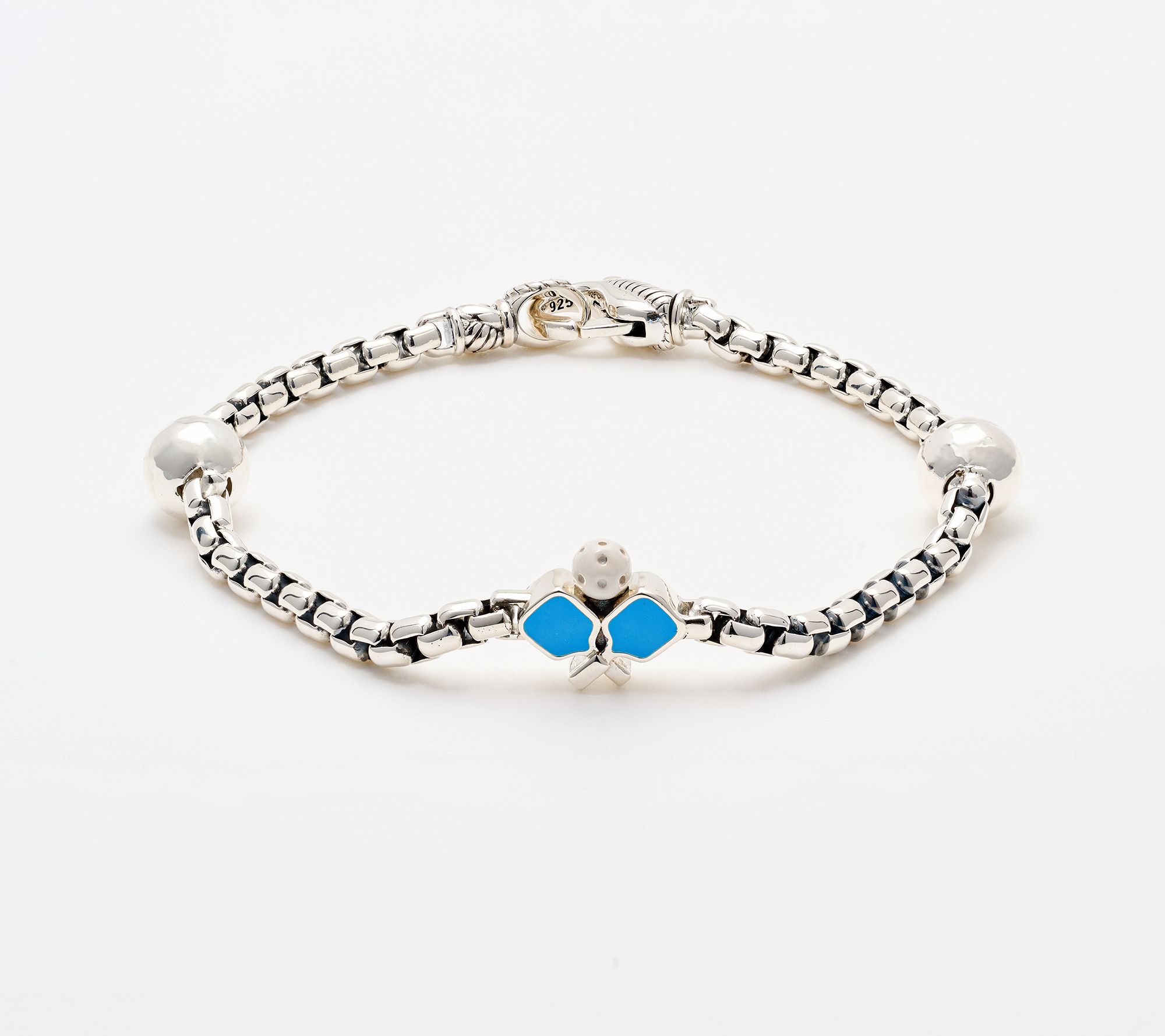 JAI Sterling Silver Enamel Sports Symbol 3.7mm Box Chain Bracelet, 12g