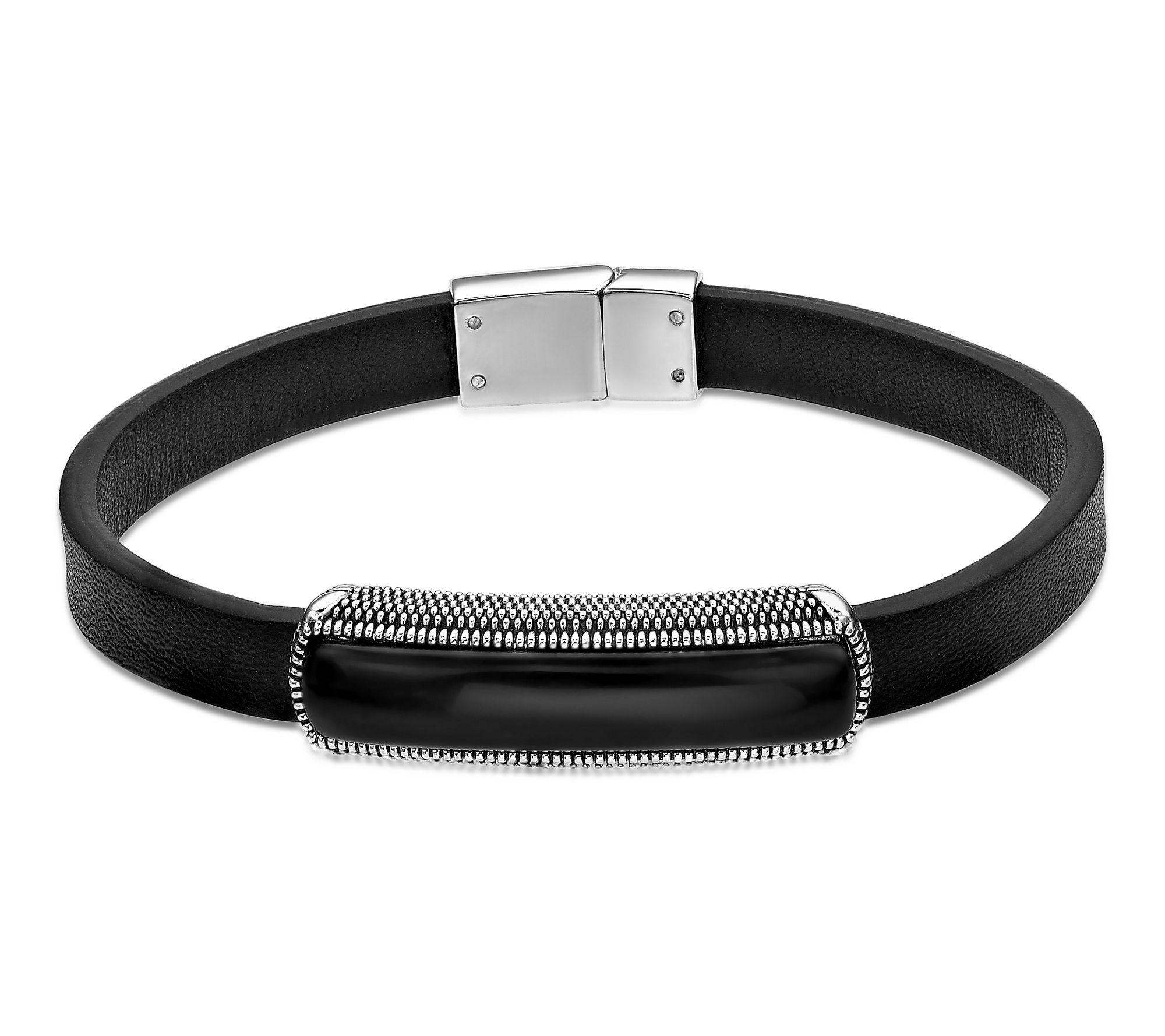 LYNX Men's Sterling Silver Black Agate LeatherBracelet