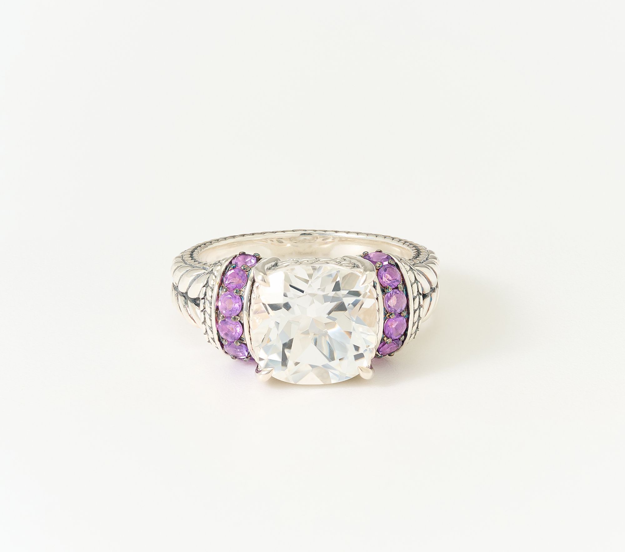 JAI Sterling Silver Cushion & Pave Basketweave Gemstone Ring