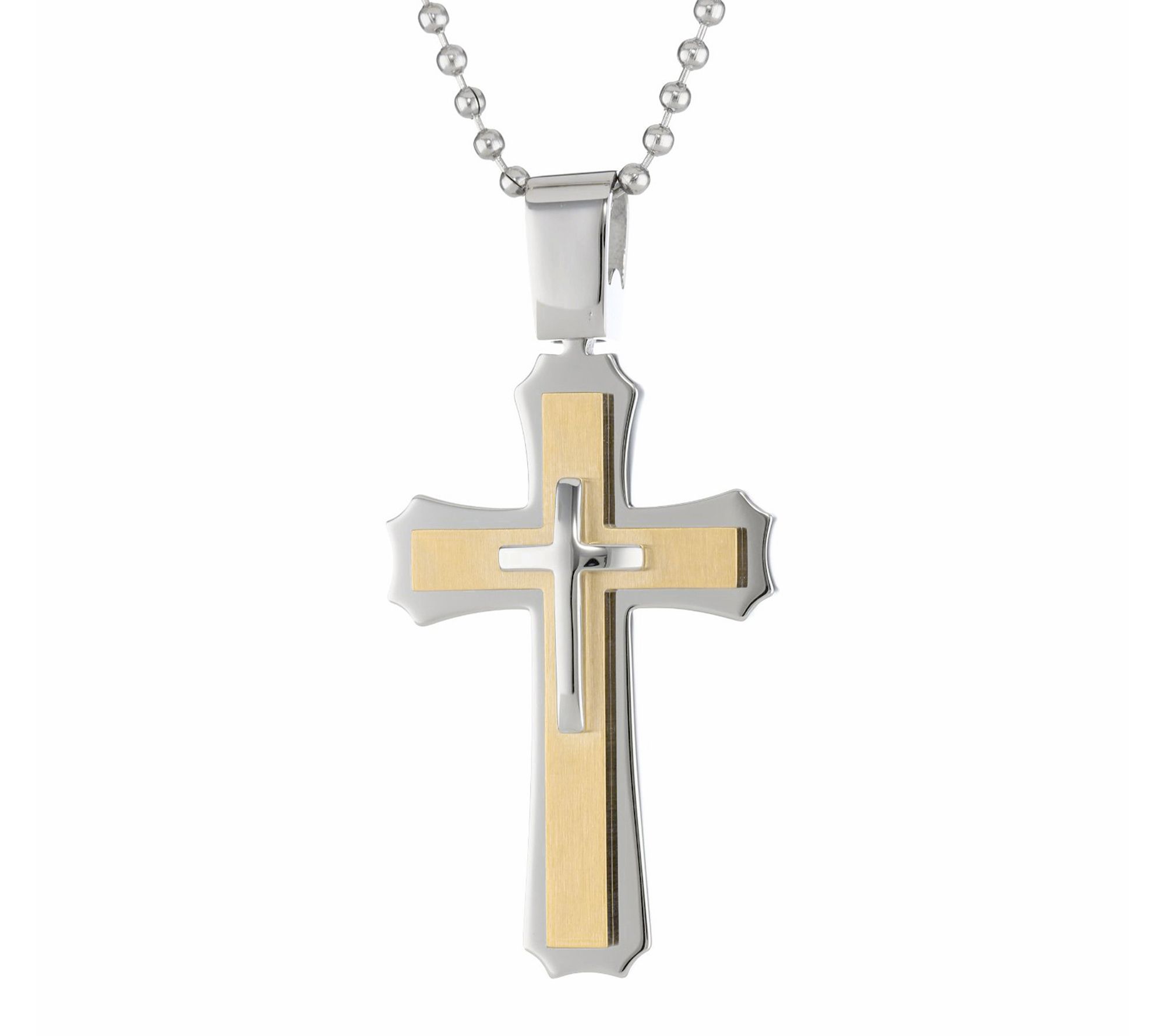 LYNX Men's Stainless Steel Gold Tone IP Cross Pendant w/ Chain