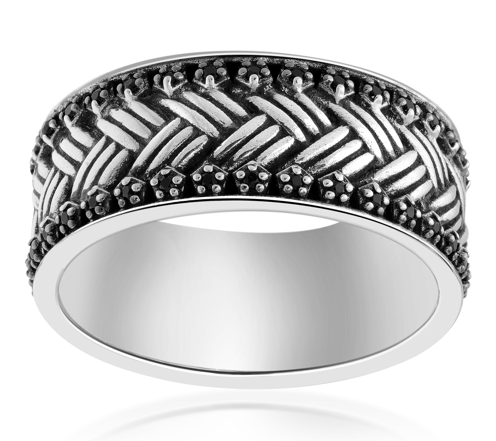 LYNX Men's Sterling Silver Black Spinel Weave Pattern Ring