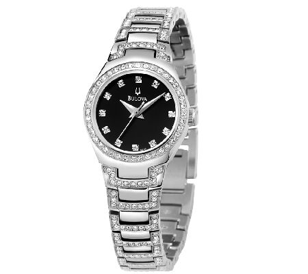 Bulova Ladies Crystal Accented Black Dial Bracelet Watch