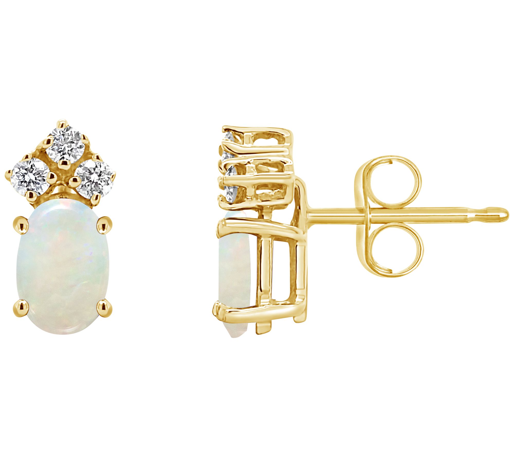 14K Gold Oval 0.50 cttw Opal & 0.10 cttw Diamond Stud Earrings