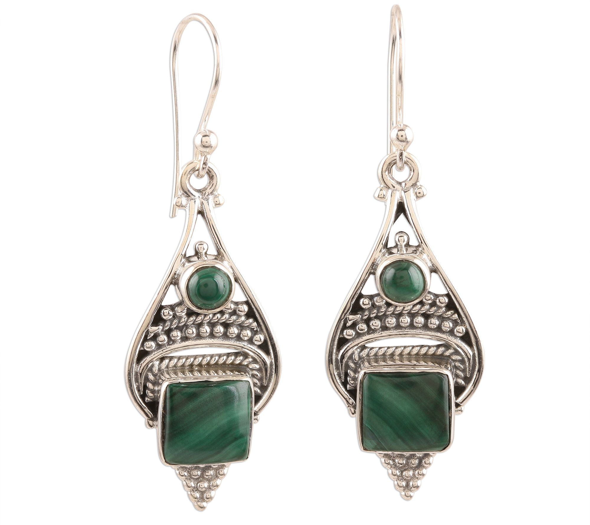 Novica Sterling Silver Malachite Dangle Earrings