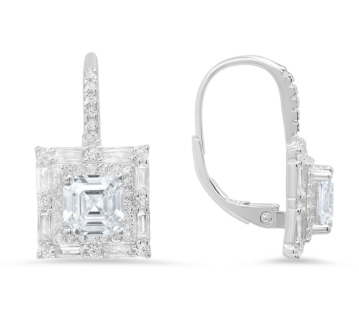 Sterling Silver Asscher-cut Halo Leverback Earrings