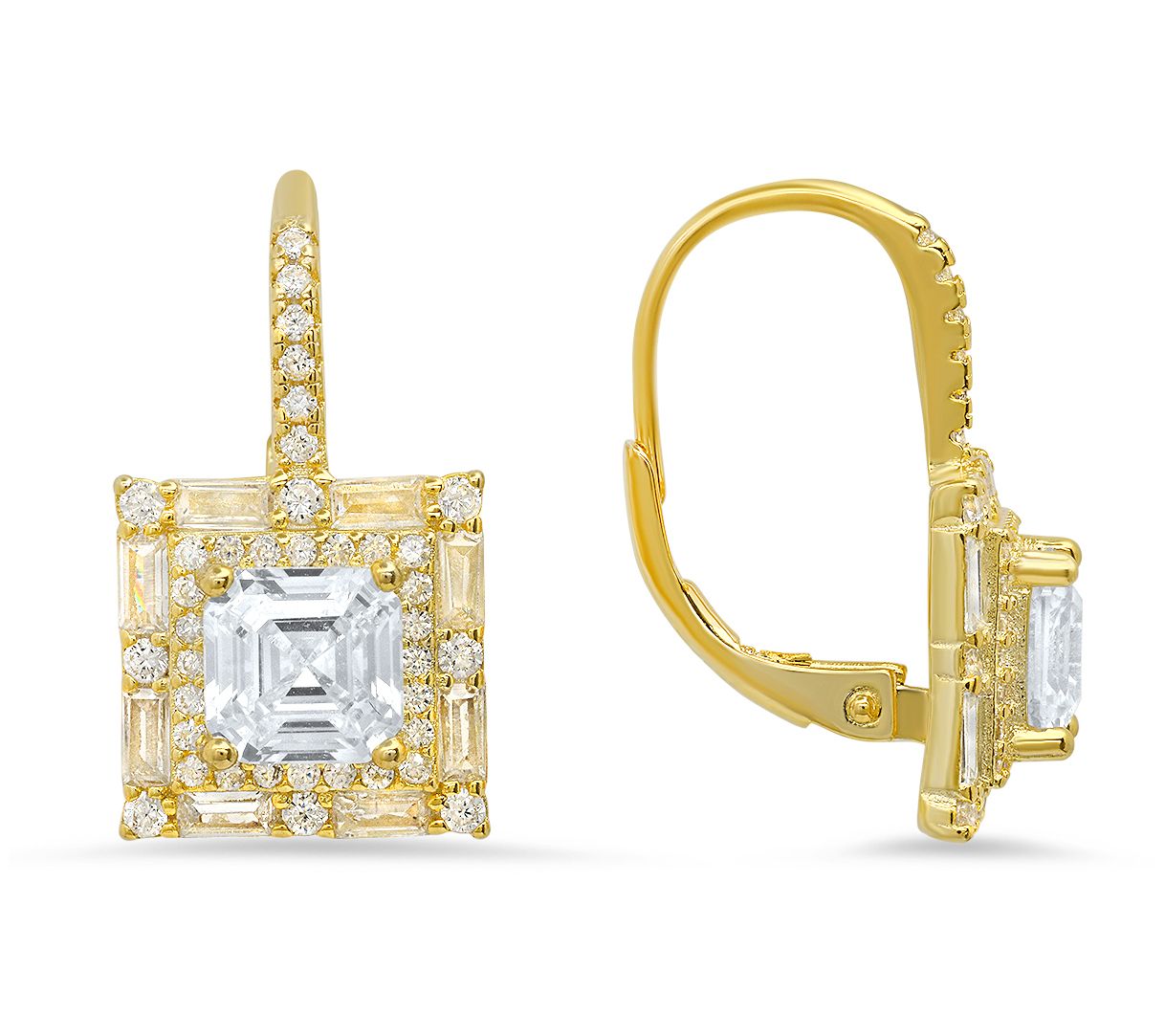 Sterling Silver Asscher-cut Halo Leverback Earrings