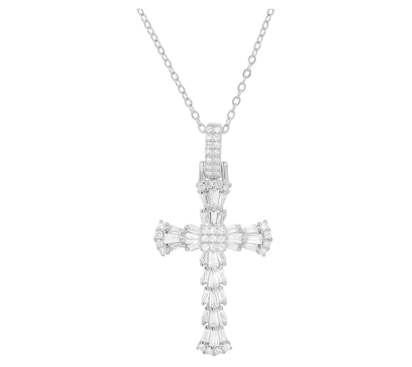 Sterling Silver Baguette Cut Cross Pendant w/ Chain