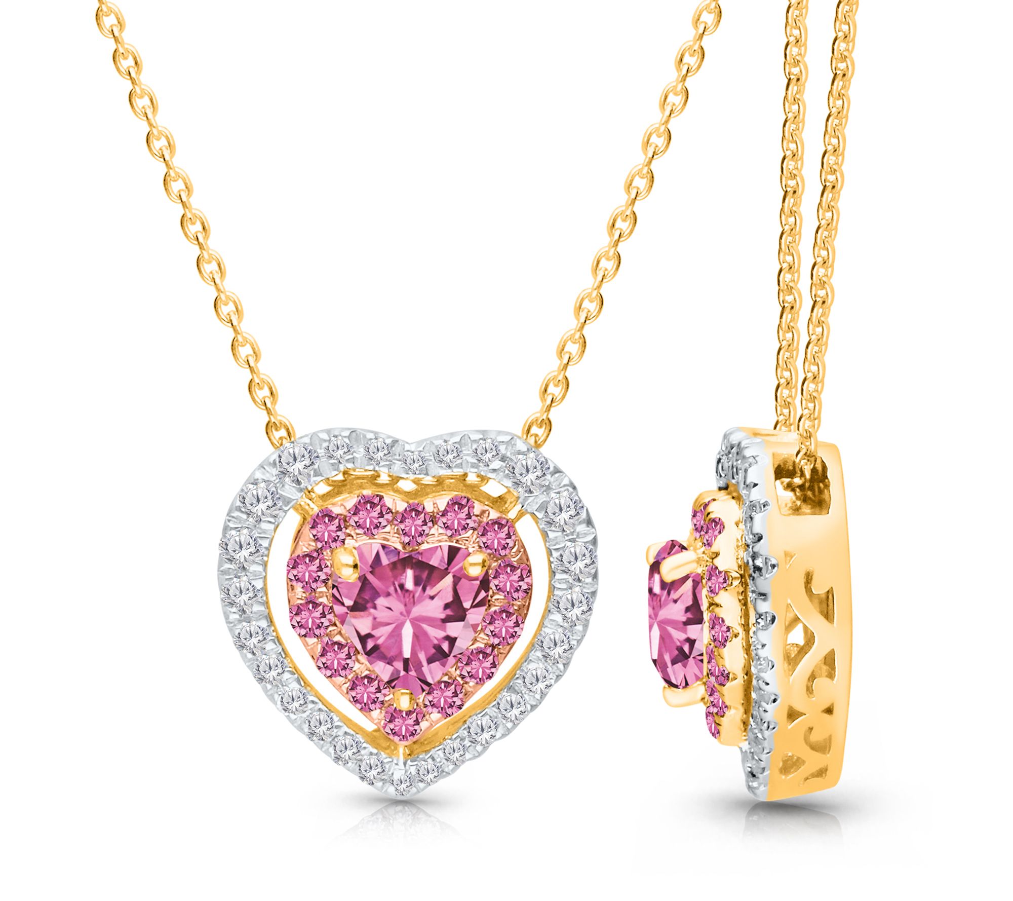 KALLATI Pink Sapphire & Diamond Halo Heart Necklace