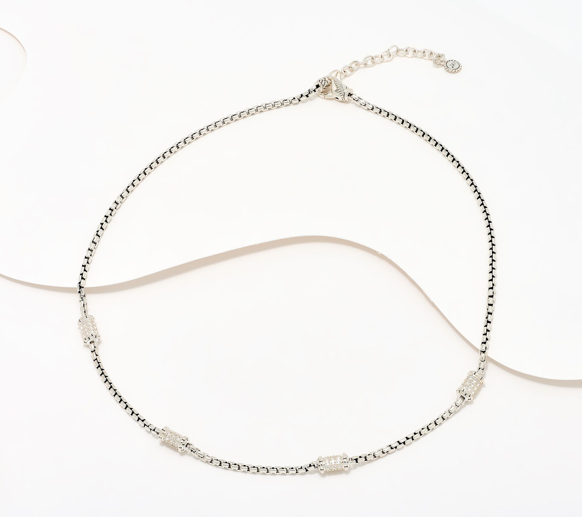 JAI Sterling Silver Pave Station 2.7mm Box Chain 18" Necklace