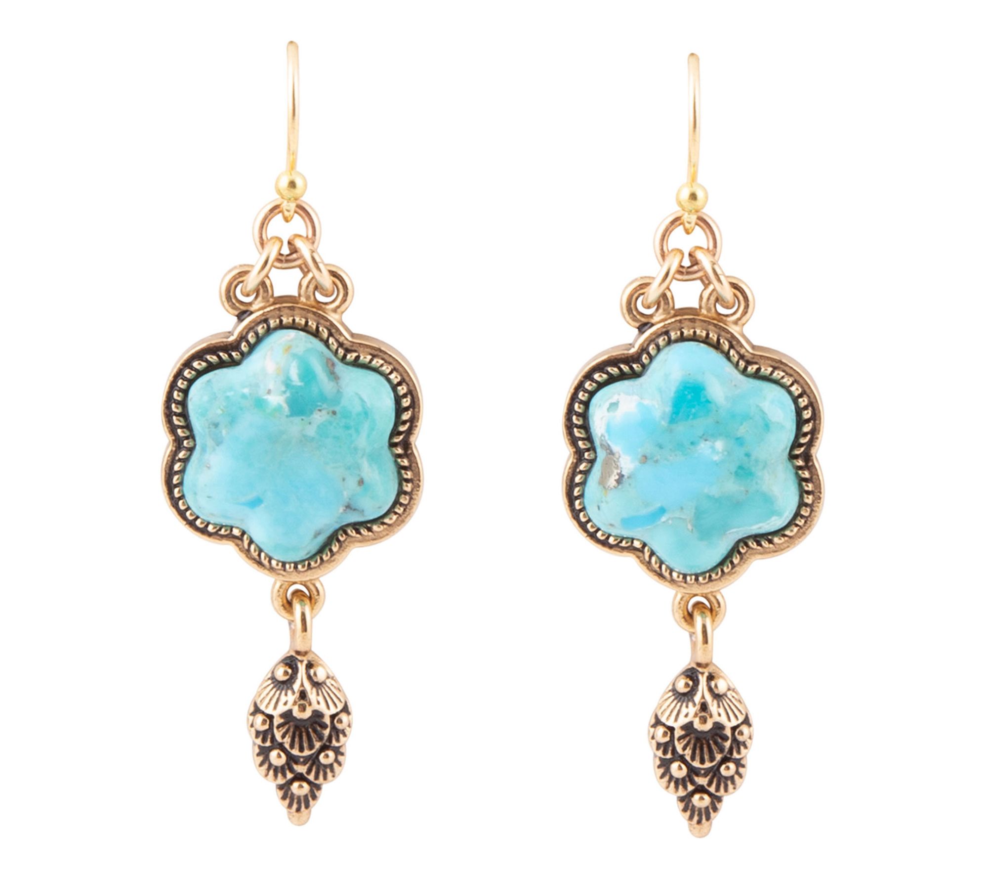 Barse Artisan Crafted Bronze Turquoise Flower Drop Earrings