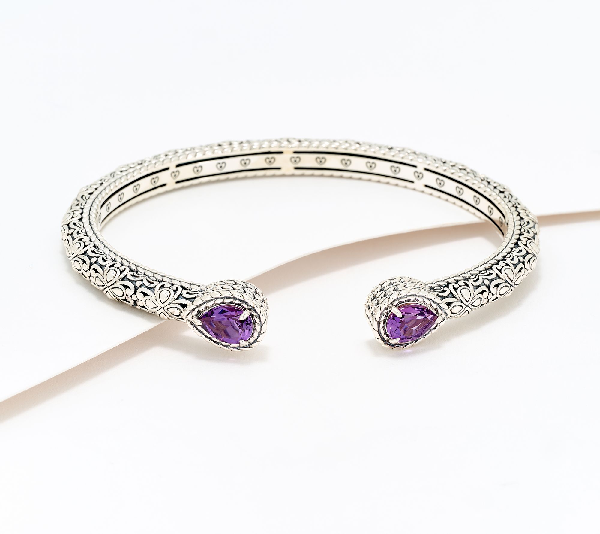 JAI Sterling Silver Pear Gemstone & Heritage Lotus Cuff, 23.5g