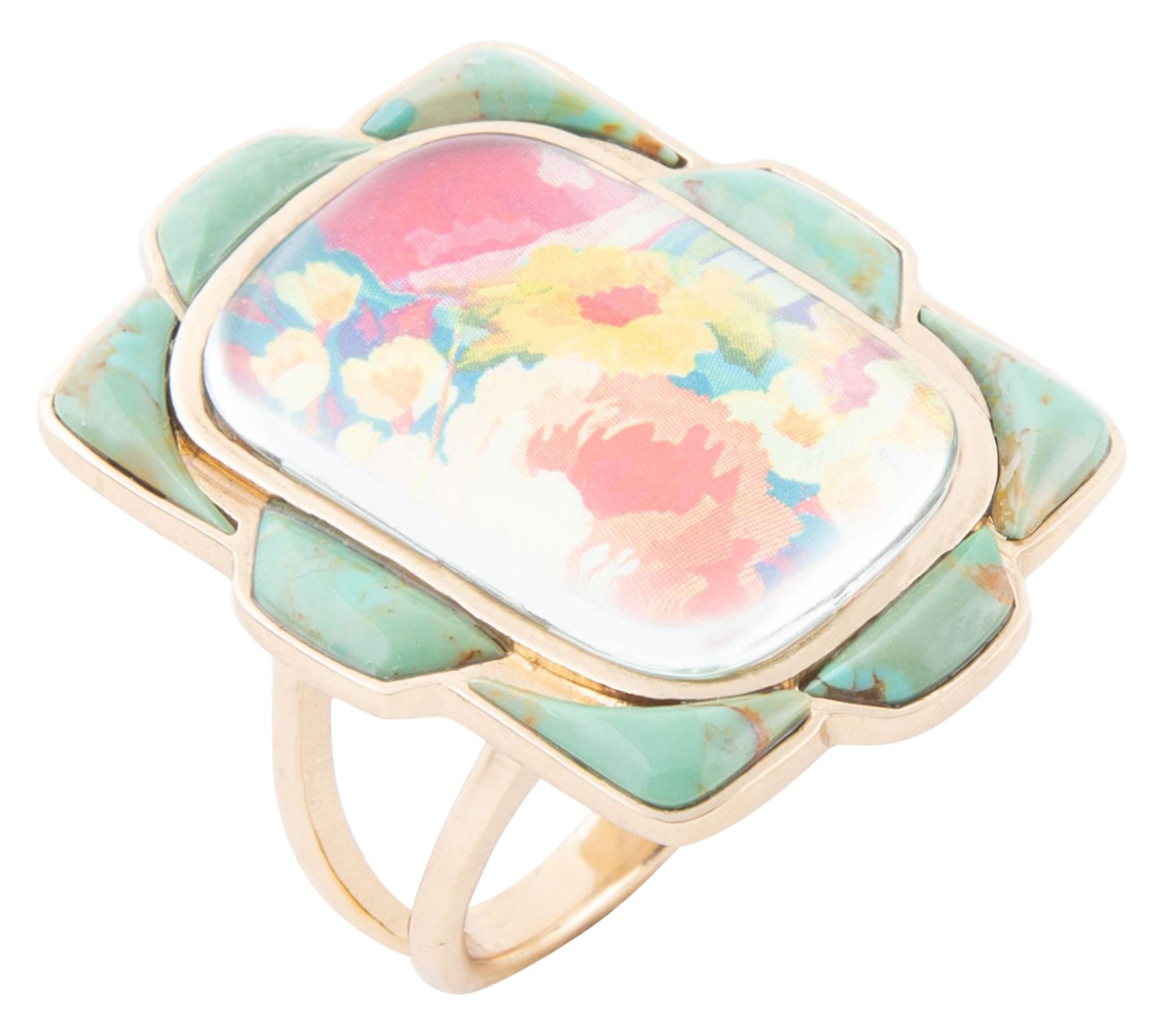 Barse Artisan Crafted Scenic Floral Blue Turquoise Golden Ring